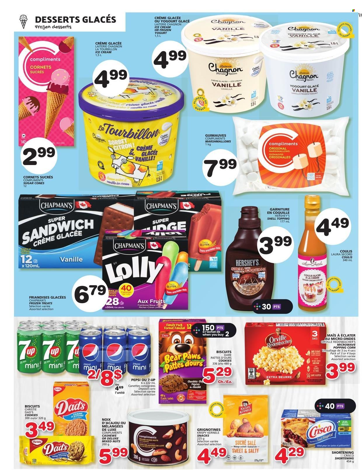 thumbnail - Les Marchés Tradition Flyer - June 08, 2023 - June 14, 2023 - Sales products - dessert, corn, sandwich, snack, ice cream, Hershey's, frozen yoghurt, sorbet, cookies, marshmallows, chocolate chips, lollipop, biscuit, Crisco, shortening, topping, cashews, mixed nuts, Pepsi, soft drink, 7UP. Page 6.