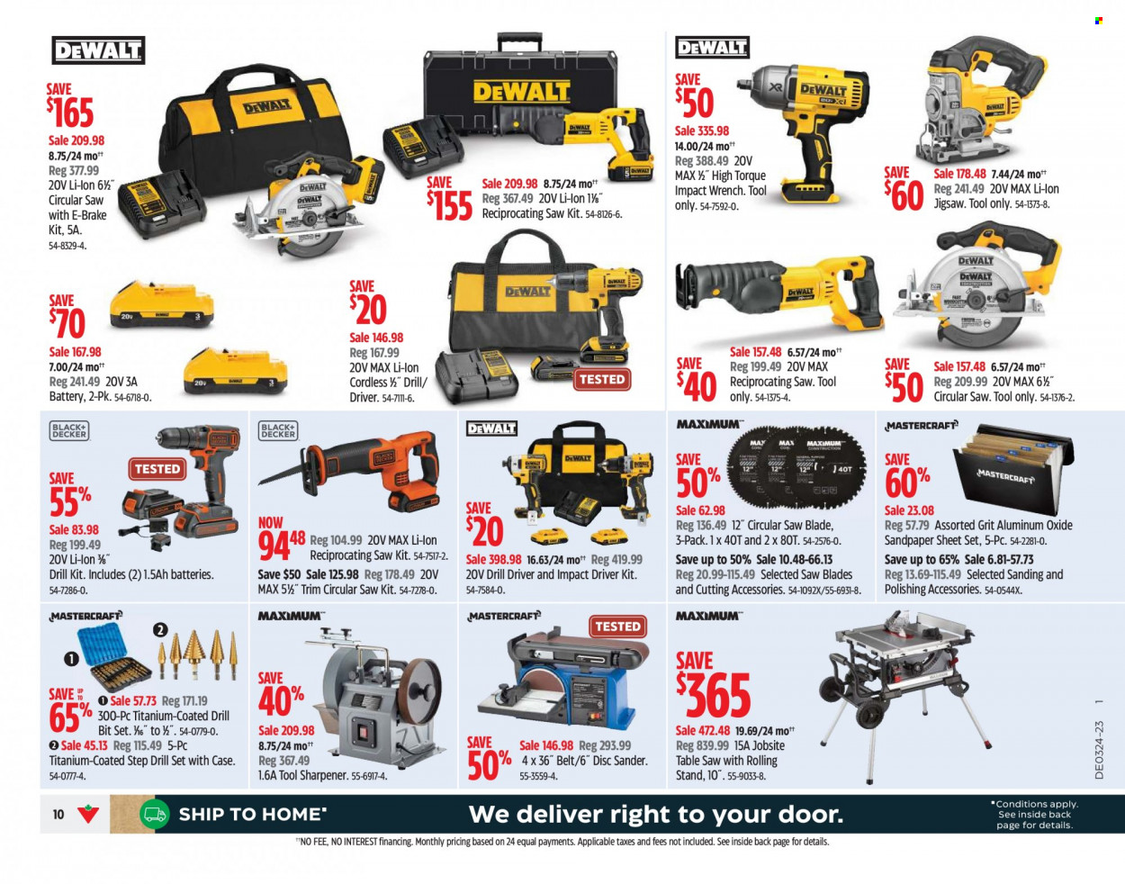 thumbnail - Canadian Tire Flyer - June 06, 2023 - June 15, 2023 - Sales products - sharpener, battery, bedding, table, impact driver, drill bit set, circular saw blade, circular saw, jig saw, reciprocating saw, table saw, disc sander, belt. Page 10.