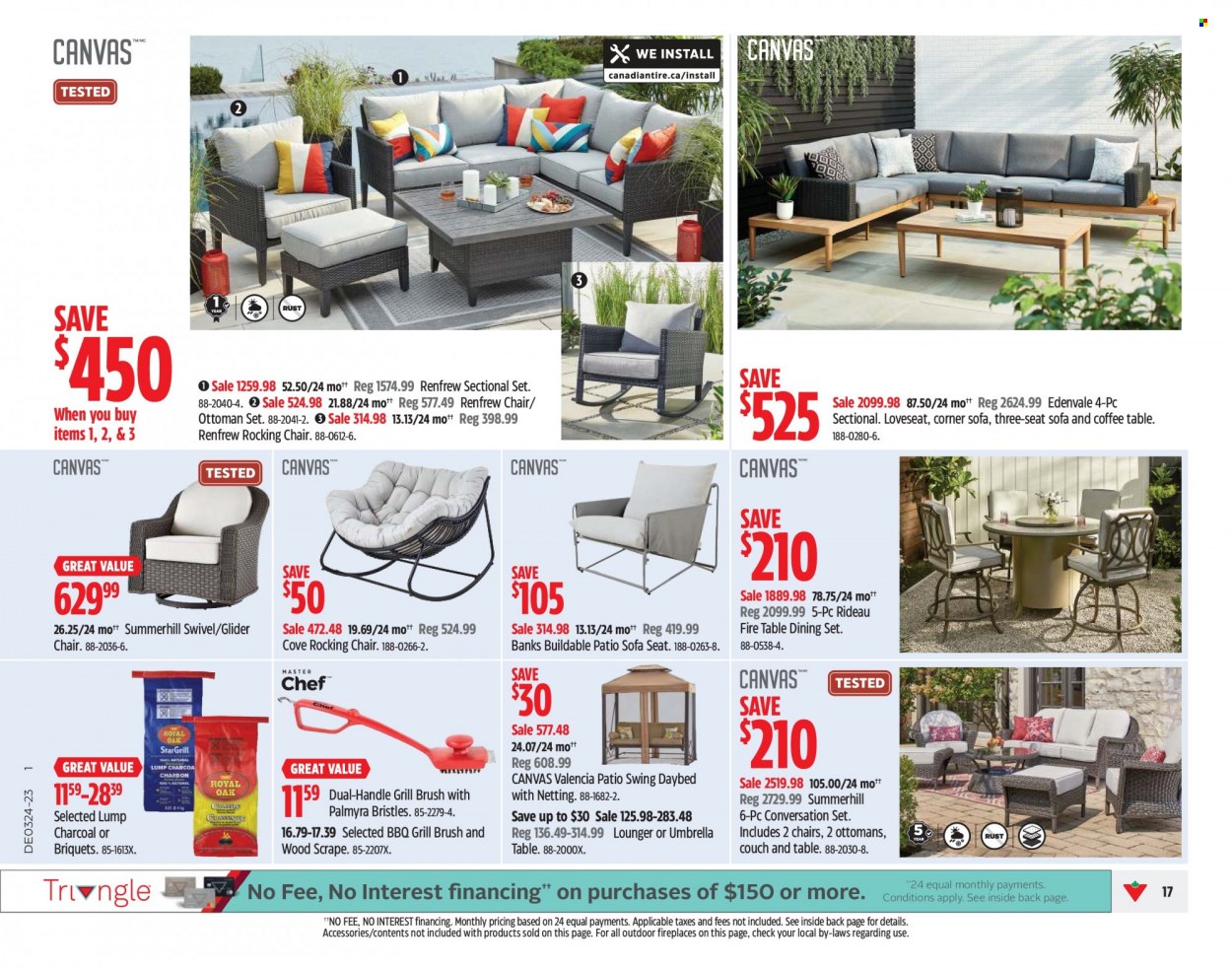 thumbnail - Canadian Tire Flyer - June 06, 2023 - June 15, 2023 - Sales products - chair, dining set, table, corner sofa, loveseat, rocking chair, sofa, couch, coffee table, ottoman, daybed, lounger, patio swing, fireplace, umbrella, grill, briquettes. Page 17.