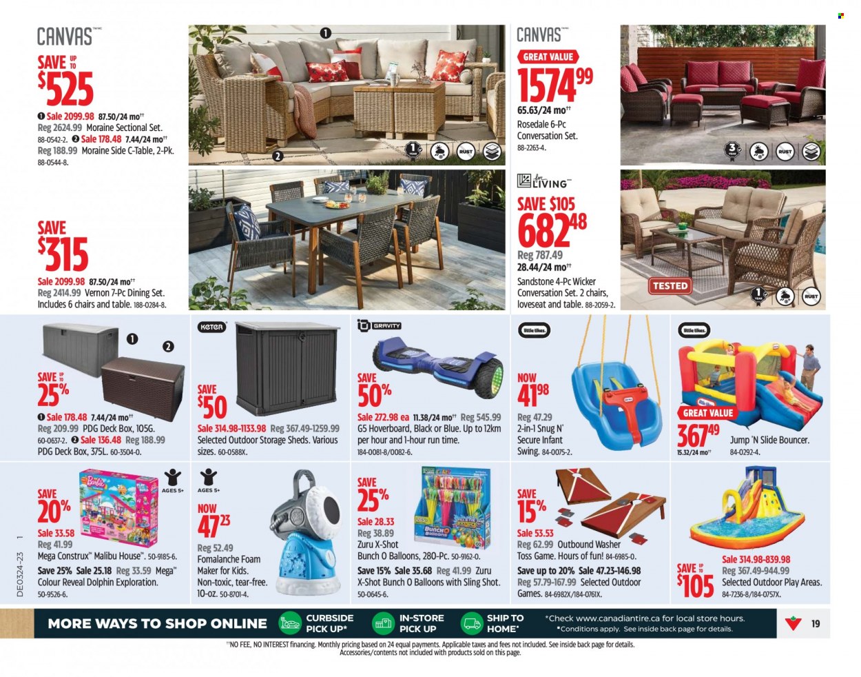 thumbnail - Canadian Tire Flyer - June 06, 2023 - June 15, 2023 - Sales products - chair, balloons, washing machine, dining set, table, loveseat, c-table, hoverboard, Toss game, Zuru. Page 19.