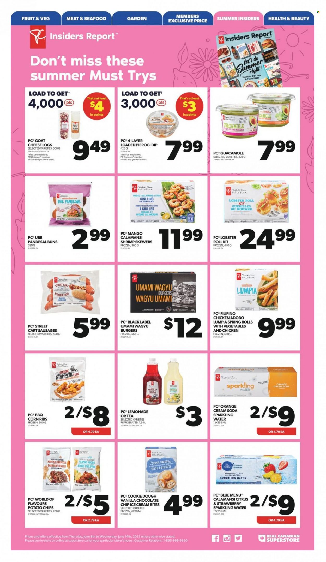 thumbnail - Real Canadian Superstore Flyer - June 08, 2023 - June 14, 2023 - Sales products - buns, corn, mango, oranges, lobster, seafood, shrimps, shrimp skewers, pierogi, hamburger, spring rolls, sausage, guacamole, goat cheese, dip, ice cream, chocolate chips, biscuit, potato chips, adobo sauce, lemonade, sparkling water, water, tea, chicken, ribs, Optimum. Page 11.