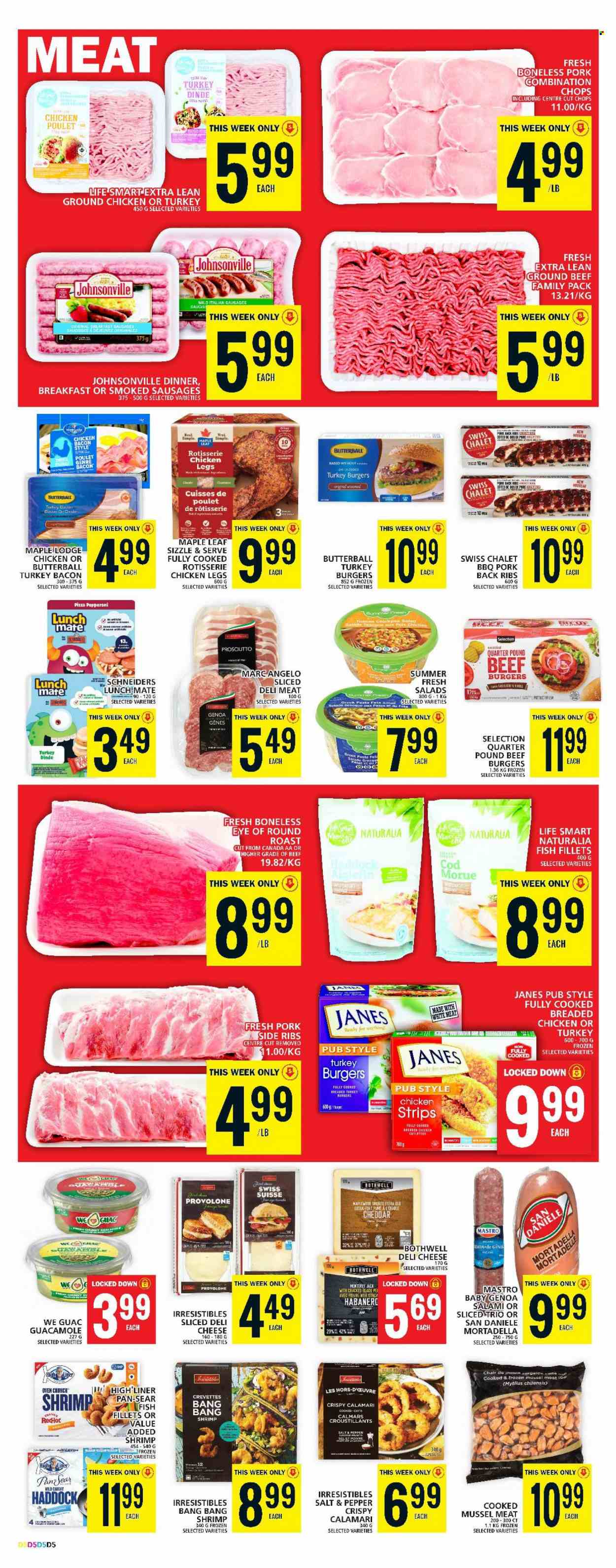 thumbnail - Food Basics Flyer - June 08, 2023 - June 14, 2023 - Sales products - salad, calamari, cod, fish fillets, mussels, haddock, fish, shrimps, pizza, chicken roast, hamburger, pasta, fried chicken, beef burger, roast, ready meal, breaded chicken, bacon, Butterball, mortadella, salami, turkey bacon, prosciutto, Johnsonville, sausage, guacamole, Monterey Jack cheese, cheddar, cheese, Provolone, strips, chicken strips, potato fries, Celeste, red wine, wine, ground chicken, chicken legs, beef meat, ground beef, eye of round, round roast, ribs, turkey burger, pork meat, pork ribs, pork back ribs, pan, paper. Page 5.