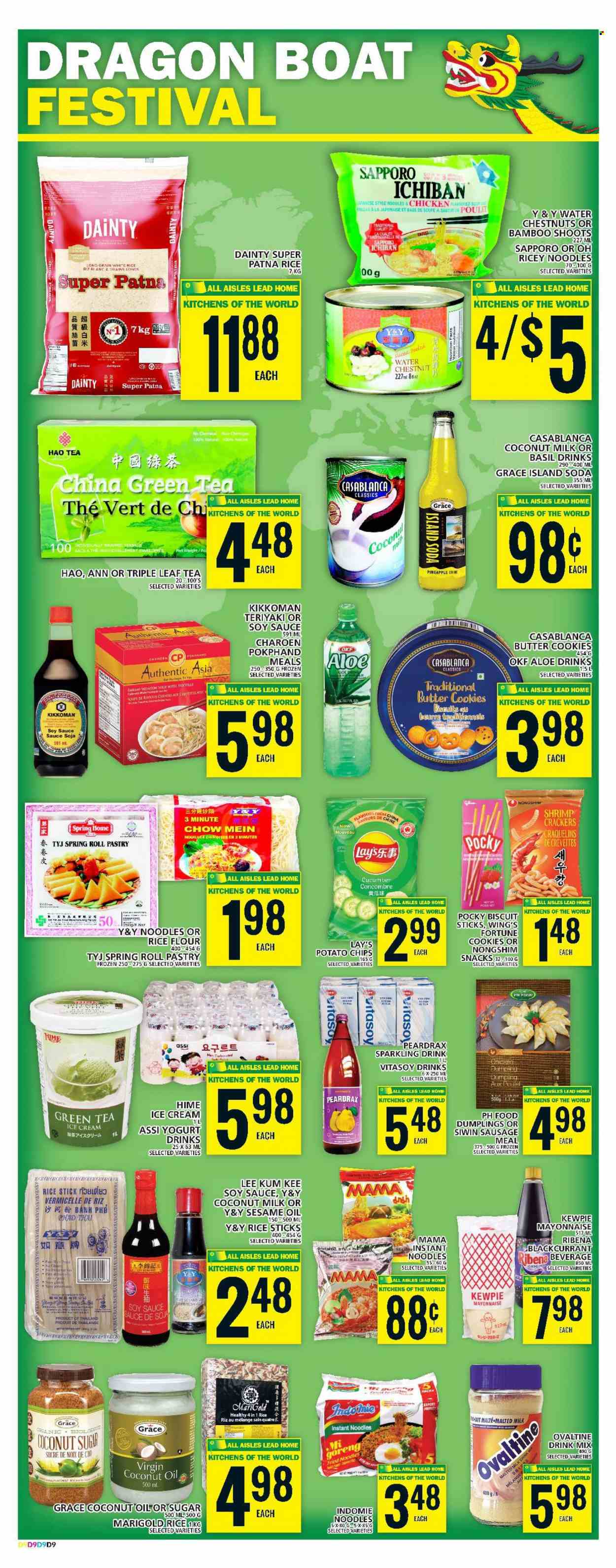 thumbnail - Food Basics Flyer - June 08, 2023 - June 14, 2023 - Sales products - cucumber, pineapple, shrimps, soup, instant noodles, dumplings, snack, sausage, yoghurt drink, Vitasoy, mayonnaise, ice cream, cookies, butter cookies, crackers, biscuit, potato chips, Lay’s, flour, rice flour, sugar, coconut sugar, bamboo shoot, coconut milk, water chestnuts, white rice, soy sauce, Kikkoman, Lee Kum Kee, coconut oil, sesame oil, soda, water, tea, port wine, pin. Page 11.