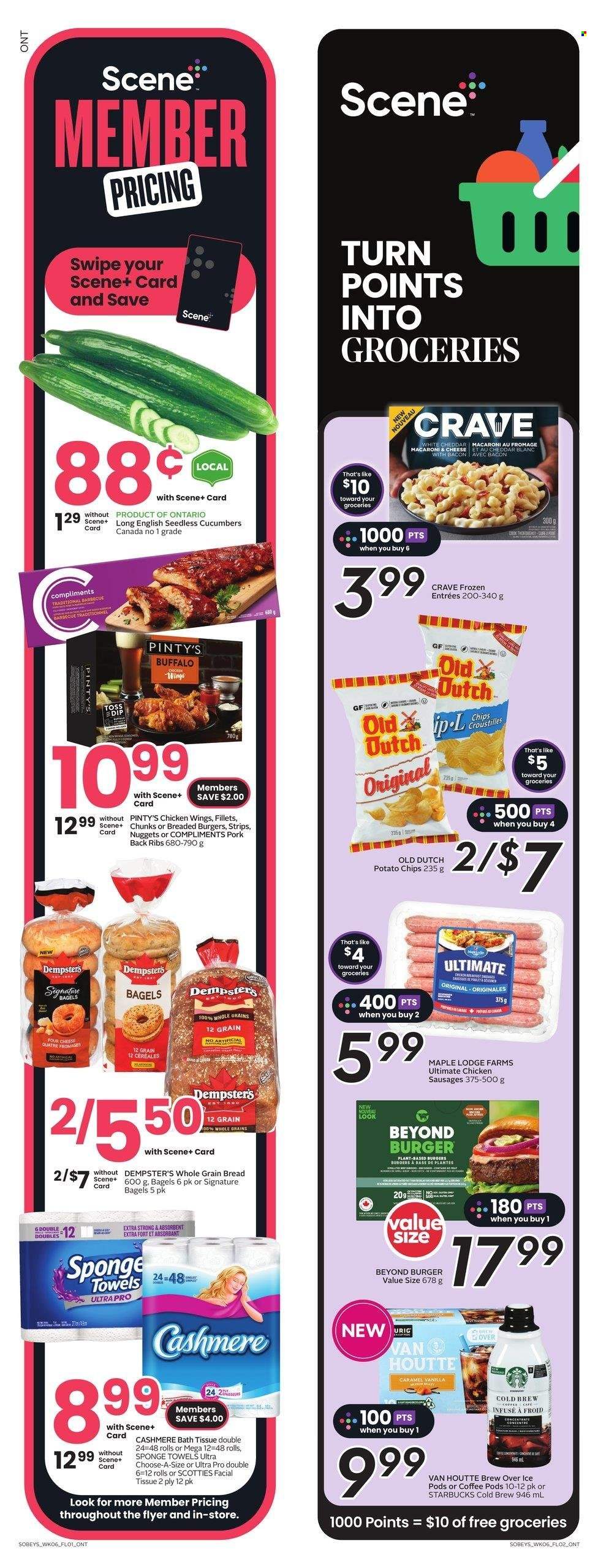 thumbnail - Sobeys Flyer - June 08, 2023 - June 14, 2023 - Sales products - bagels, bread, cucumber, macaroni, nuggets, hamburger, ready meal, sausage, cheese, dip, chicken wings, strips, potato chips, caramel, coffee, coffee pods, Starbucks, chicken, ribs, pork meat, pork ribs, pork back ribs, bath tissue. Page 17.