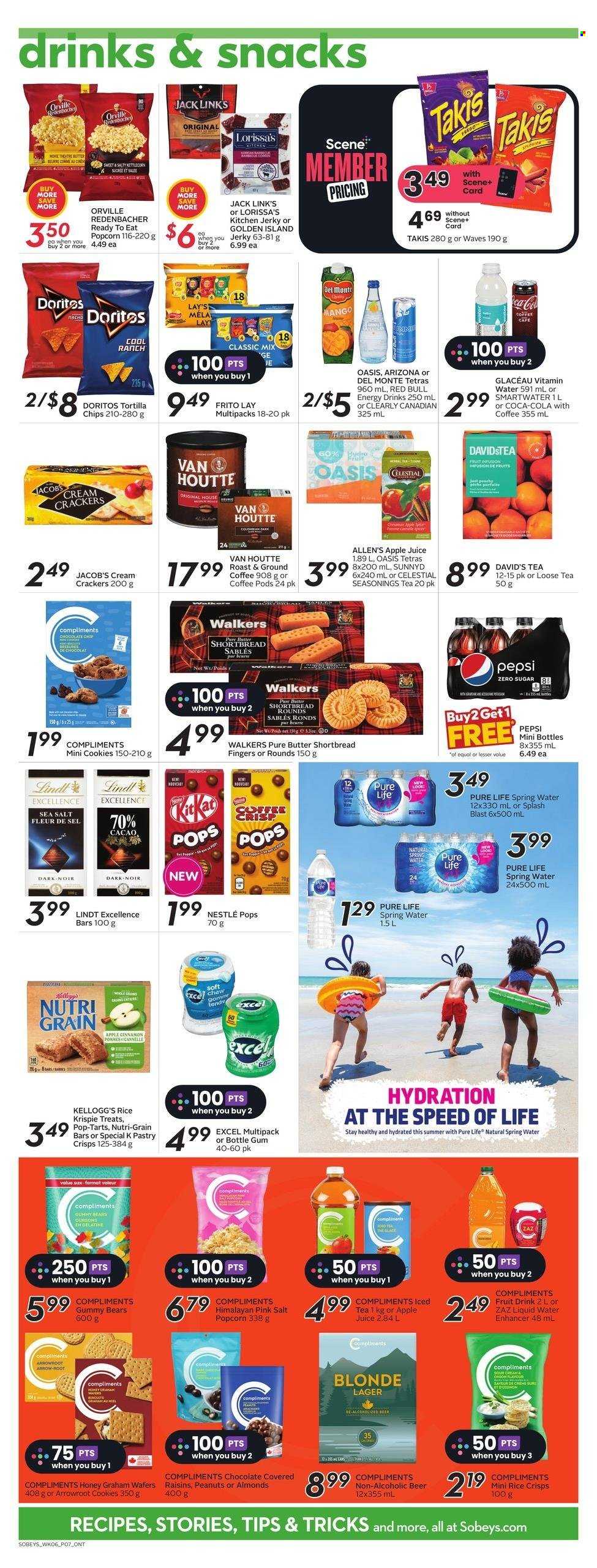 thumbnail - Sobeys Flyer - June 08, 2023 - June 14, 2023 - Sales products - tart, jerky, sour cream, cookies, wafers, chocolate, chocolate chips, cereal bar, crackers, Kellogg's, biscuit, Pop-Tarts, Nutri-Grain bars, Doritos, tortilla chips, chips, Lay’s, popcorn, rice crisps, Jack Link's, salty snack, Del Monte, Nutri-Grain, spice, cinnamon, honey, syrup, almonds, raisins, peanuts, dried fruit, apple juice, Coca-Cola, Pepsi, juice, energy drink, fruit drink, ice tea, soft drink, Red Bull, AriZona, spring water, Smartwater, vitamin water, coffee pods, ground coffee, L'Or, alcohol, beer, Lager, non-alcoholic beer, mouse, electrolyte drink, Nestlé, Chanel, Lindt. Page 10.