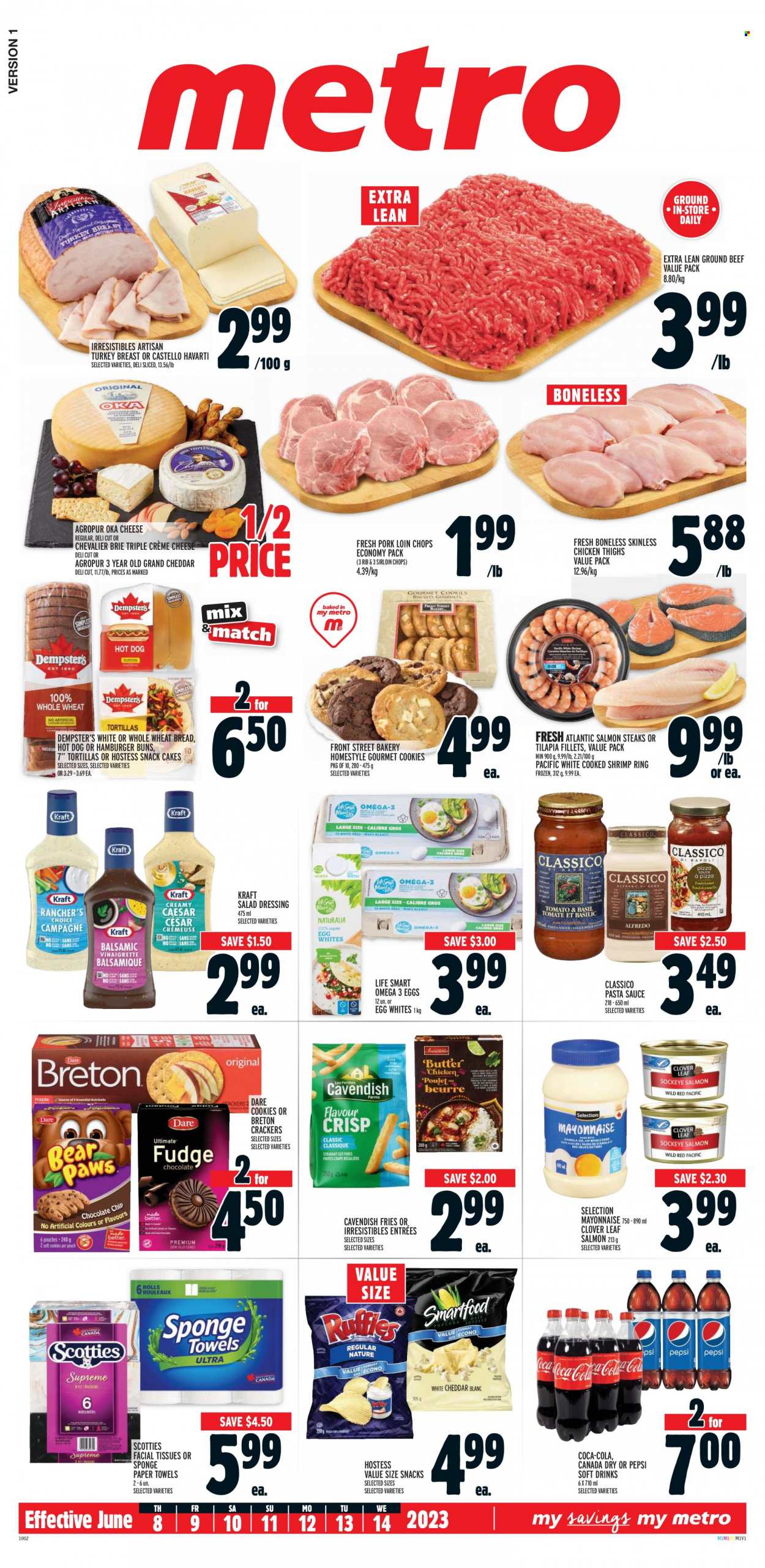 thumbnail - Metro Flyer - June 08, 2023 - June 14, 2023 - Sales products - bread, tortillas, wheat bread, cake, buns, burger buns, salmon, tilapia, shrimps, pasta sauce, sauce, Kraft®, snack, Havarti, cheddar, brie, Clover, mayonnaise, potato fries, cookies, crackers, snack cake, salad dressing, dressing, Classico, Canada Dry, Coca-Cola, Pepsi, soft drink, chicken thighs, chicken, turkey, beef meat, ground beef, steak, pork chops, pork loin, pork meat, tissues, kitchen towels, paper towels, facial tissues, sponge, Omega-3. Page 1.