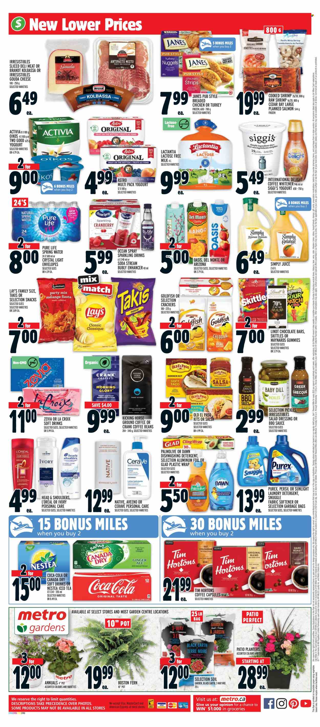 thumbnail - Metro Flyer - June 08, 2023 - June 14, 2023 - Sales products - Old El Paso, seafood, shrimps, sauce, fried chicken, ready meal, breaded chicken, snack, gouda, Activia, Oikos, milk, lactose free milk, coffee whitener, crackers, Skittles, chocolate bar, Lay’s, Goldfish, Del Monte, BBQ sauce, salad dressing, dressing, salsa, Planters, Canada Dry, Coca-Cola, juice, ice tea, soft drink, AriZona, spring water, water, coffee beans, ground coffee, coffee capsules, alcohol, cider, beer, turkey, Aveeno, detergent, Snuggle, Persil, fabric softener, laundry detergent, Sunlight, Purex, Palmolive, CeraVe, L’Oréal, Head & Shoulders, bag, trash bags, pot, aluminium foil, envelope, paper, Lindt. Page 3.