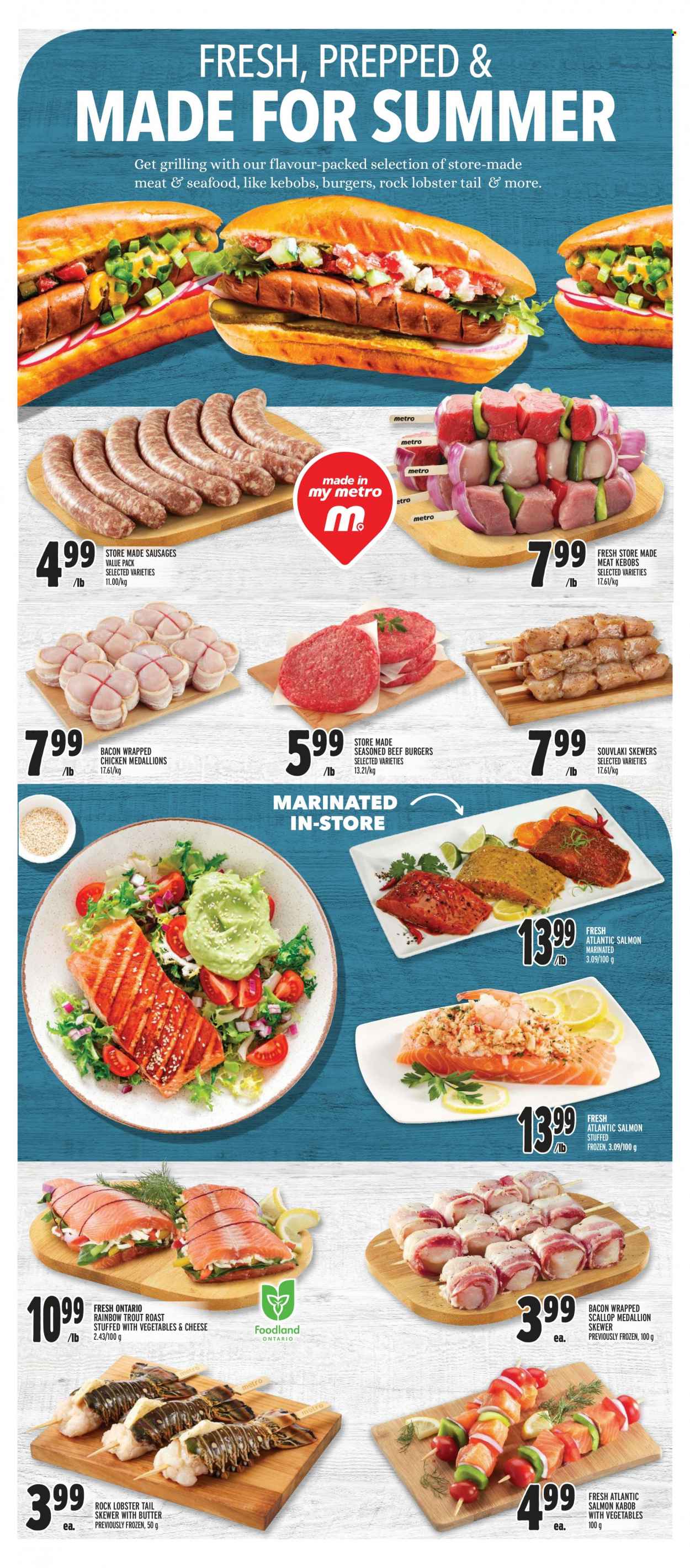 thumbnail - Metro Flyer - June 08, 2023 - June 14, 2023 - Sales products - lobster, salmon, scallops, trout, seafood, lobster tail, hamburger, beef burger, roast, sausage, chicken. Page 7.