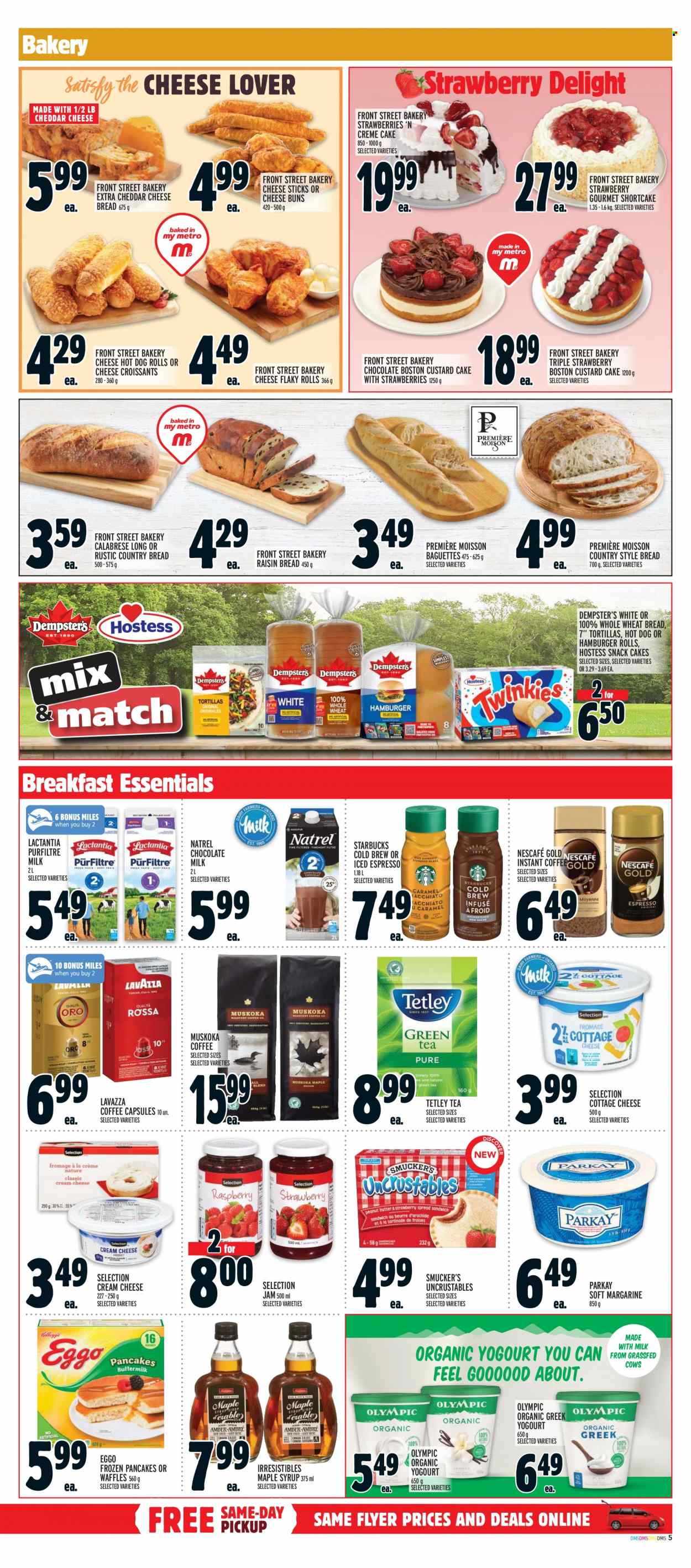 thumbnail - Metro Flyer - June 08, 2023 - June 14, 2023 - Sales products - bread, tortillas, wheat bread, hot dog rolls, cake, croissant, buns, burger buns, cream pie, waffles, custard cake, strawberries, hamburger, snack, cottage cheese, cream cheese, cheddar, flavoured milk, margarine, cheese sticks, snack cake, maple syrup, syrup, tea, coffee, instant coffee, Nescafé, coffee capsules, Starbucks, Lavazza, PREMIERE, baguette. Page 9.