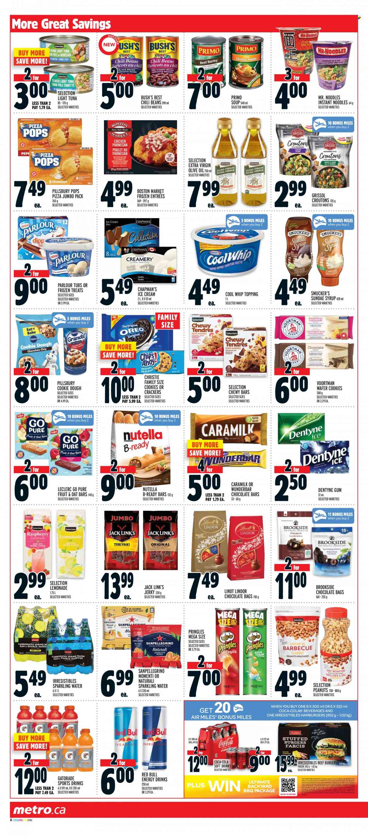 thumbnail - Metro Flyer - June 08, 2023 - June 14, 2023 - Sales products - beans, tuna, pizza, soup, hamburger, instant noodles, Pillsbury, noodles, beef burger, ready meal, jerky, Cool Whip, ice cream, cookies, wafers, crackers, chocolate bar, Pringles, Jack Link's, salty snack, croutons, topping, chili beans, light tuna, extra virgin olive oil, olive oil, oil, syrup, peanuts, Coca-Cola, lemonade, energy drink, soft drink, Red Bull, Gatorade, sparkling water, water, electrolyte drink, Nutella, Lindt, Lindor. Page 11.
