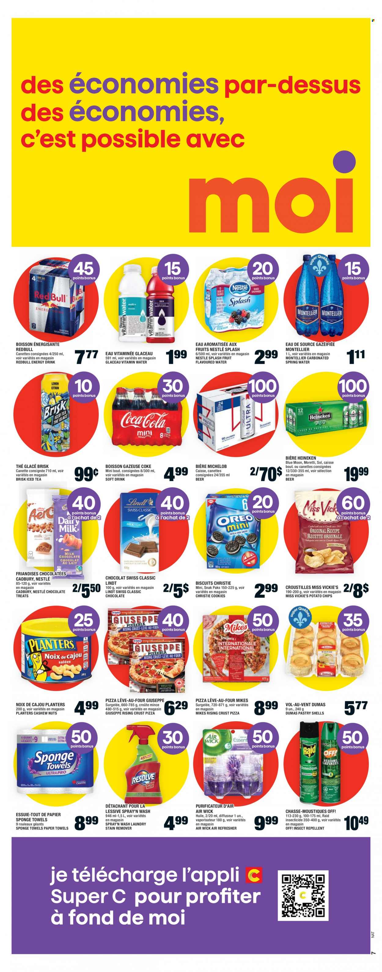 thumbnail - Super C Flyer - June 08, 2023 - June 14, 2023 - Sales products - pizza, cookies, chocolate, biscuit, Cadbury, potato chips, chips, cashews, Planters, Coca-Cola, energy drink, ice tea, soft drink, Coke, spring water, vitamin water, water, alcohol, beer, Heineken, Sol, kitchen towels, paper towels, stain remover, refresher, repellent, insecticide, Raid, electrolyte drink, Nestlé, Lindt, Blue Moon, Michelob. Page 11.