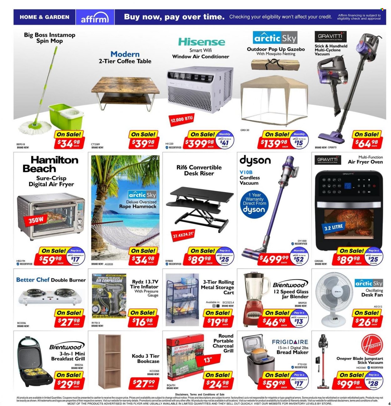 thumbnail - Factory Direct Flyer - June 07, 2023 - June 13, 2023 - Sales products - Sure, compressor, spin mop, mop, Hisense, oven, air conditioner, desk fan, vacuum cleaner, blender, bread maker, table, coffee table, bookcase, air compressor, grill, hammock, tire inflator, Dyson. Page 4.