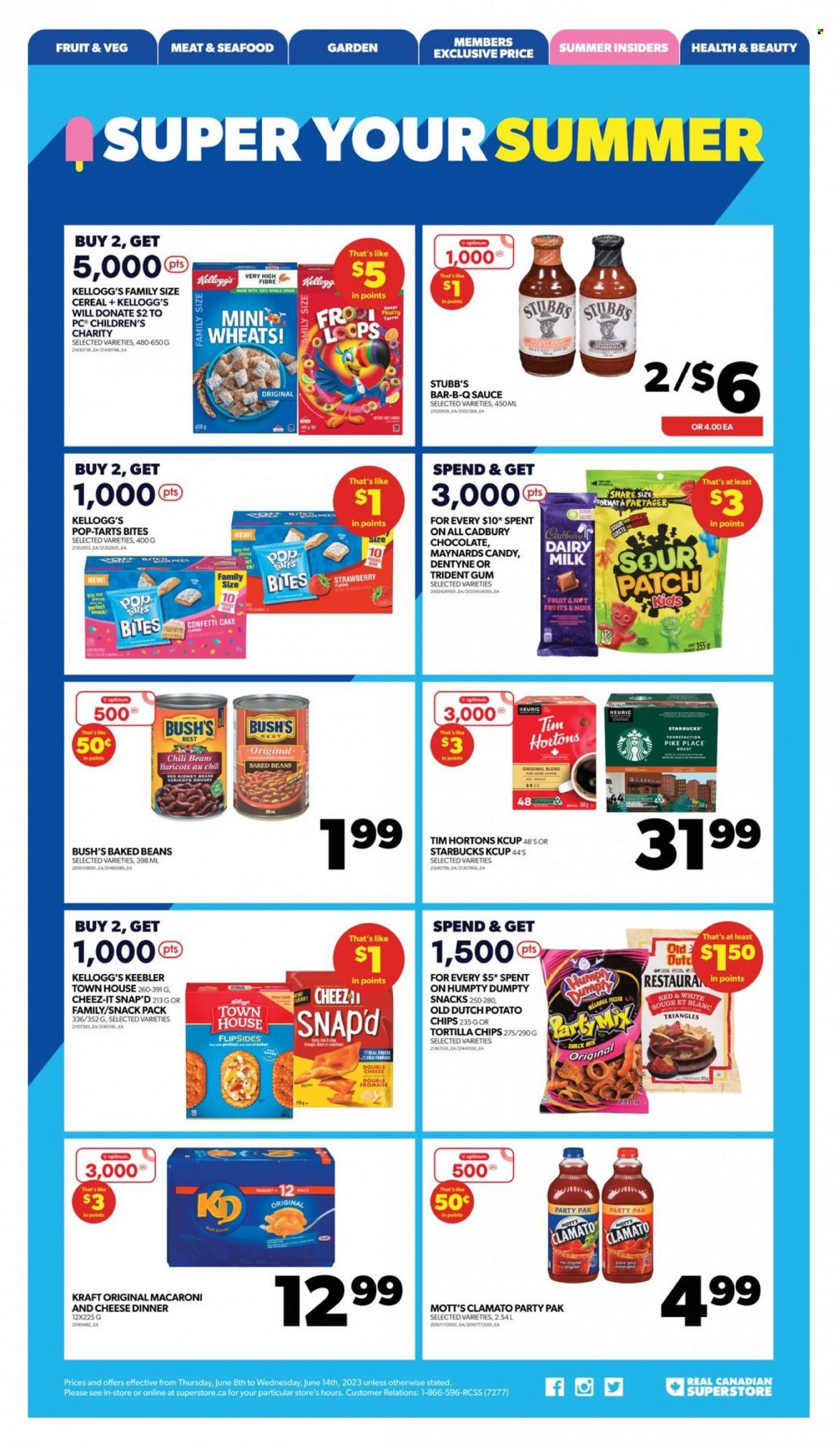 thumbnail - Real Canadian Superstore Flyer - June 08, 2023 - June 14, 2023 - Sales products - cake, Mott's, seafood, macaroni & cheese, sauce, Kraft®, chewing gum, Kellogg's, Cadbury, Dairy Milk, Trident, Pop-Tarts, Keebler, Sour Patch, Candy, tortilla chips, potato chips, chips, Cheez-It, salty snack, kidney beans, chili beans, baked beans, cereals, Clamato, coffee, Starbucks, Keurig, Optimum. Page 12.