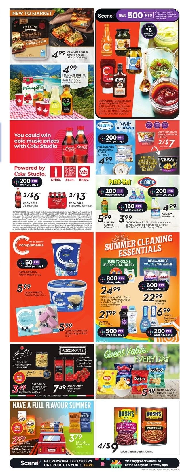 thumbnail - Safeway Flyer - June 08, 2023 - June 14, 2023 - Sales products - beans, tomatoes, hot dog, pasta sauce, sauce, cream cheese, sliced cheese, cheese, greek yoghurt, frozen yoghurt, crackers, Lay’s, Goldfish, Tostitos, salty snack, kidney beans, pickles, chili beans, baked beans, BBQ sauce, hot sauce, Coca-Cola, lemonade, juice, ice tea, soft drink, Coke, water, Pure Leaf, Gain, surface cleaner, cleaner, bleach, all purpose cleaner, Clorox, Pine-Sol, bathroom cleaner, Tide, Cascade, Joy, ketchup, Philadelphia. Page 12.
