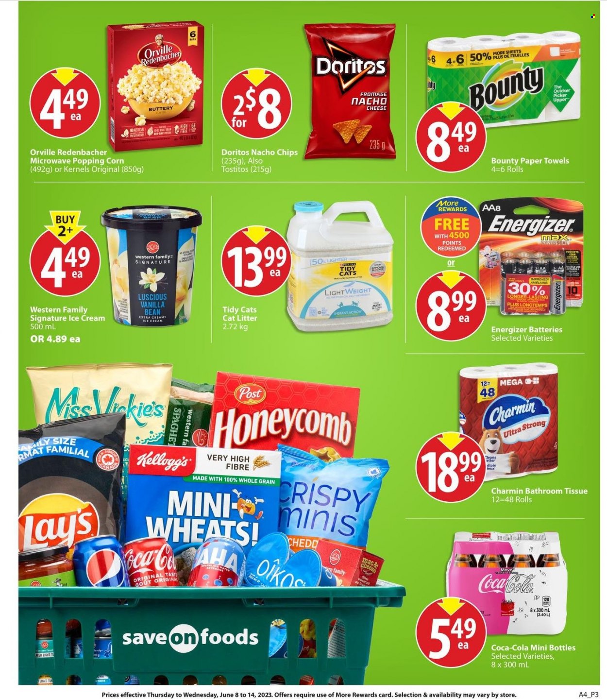 thumbnail - Save-On-Foods Flyer - June 08, 2023 - June 14, 2023 - Sales products - macaroons, corn, Oikos, ice cream, Bounty, Kellogg's, Doritos, chips, Lay’s, Tostitos, salty snack, Coca-Cola, soft drink, bath tissue, kitchen towels, paper towels, Charmin, Energizer. Page 3.