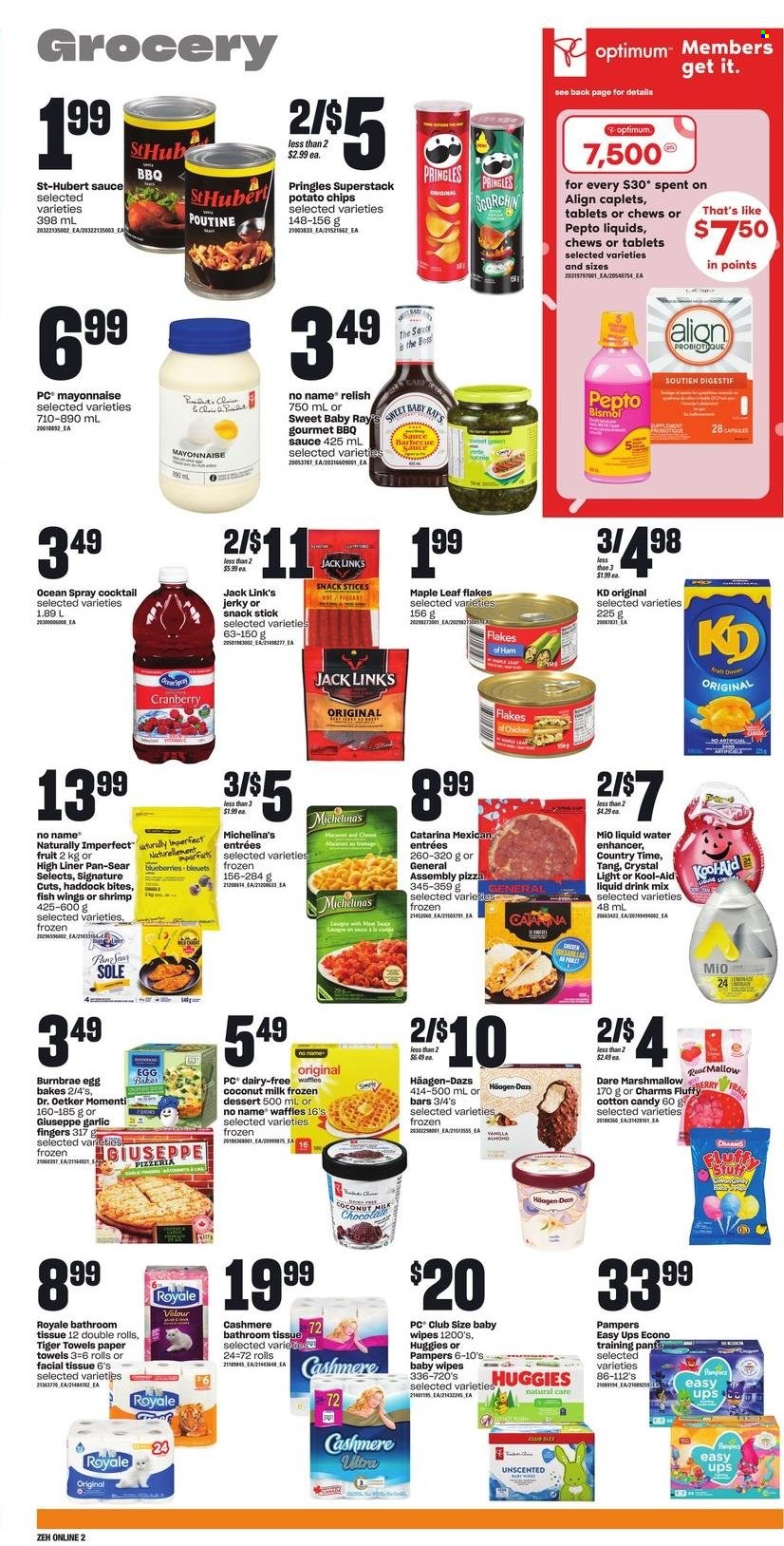 thumbnail - Zehrs Flyer - June 08, 2023 - June 14, 2023 - Sales products - waffles, dessert, garlic, blueberries, haddock, fish, shrimps, No Name, pizza, sauce, Kraft®, ready meal, jerky, Dr. Oetker, eggs, mayonnaise, Häagen-Dazs, frozen dessert, marshmallows, milk chocolate, chocolate, cotton candy, chewing gum, potato chips, Pringles, Jack Link's, salty snack, coconut milk, BBQ sauce, syrup, Country Time, powder drink, wipes, Pampers, pants, baby wipes, baby pants, bath tissue, kitchen towels, paper towels, pan, Optimum, Hape, Huggies. Page 8.