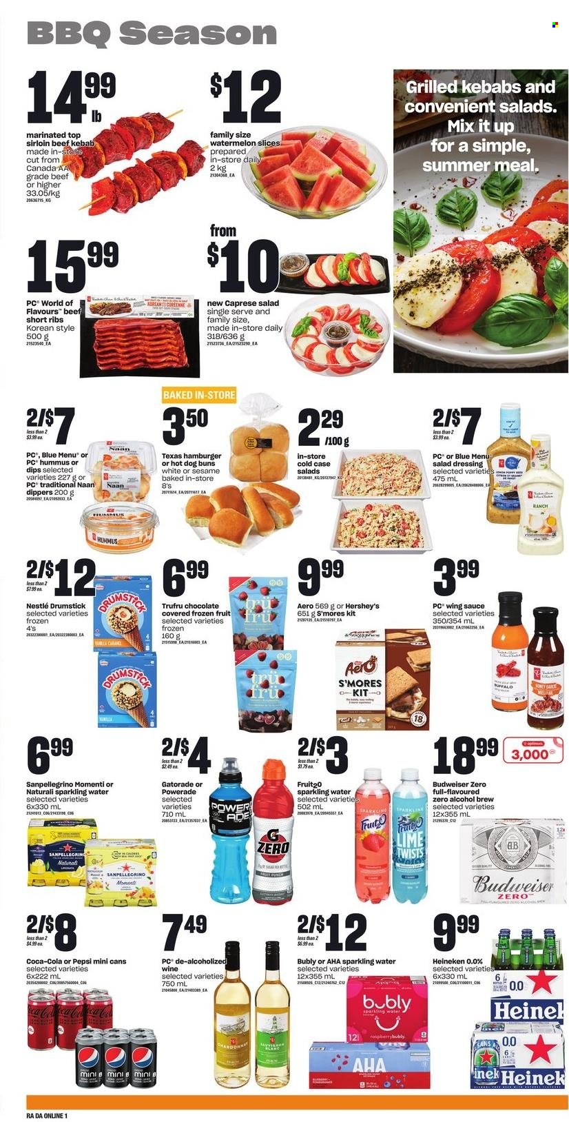 thumbnail - Dominion Flyer - June 08, 2023 - June 14, 2023 - Sales products - buns, burger buns, watermelon, sauce, hummus, ice cream, Hershey's, ice cones, frozen fruit, salad dressing, dressing, wing sauce, Coca-Cola, Powerade, Pepsi, energy drink, soft drink, Gatorade, sparkling water, water, white wine, Chardonnay, wine, alcohol, beer, Heineken, beef ribs, ribs, Optimum, electrolyte drink, Budweiser, Nestlé. Page 5.