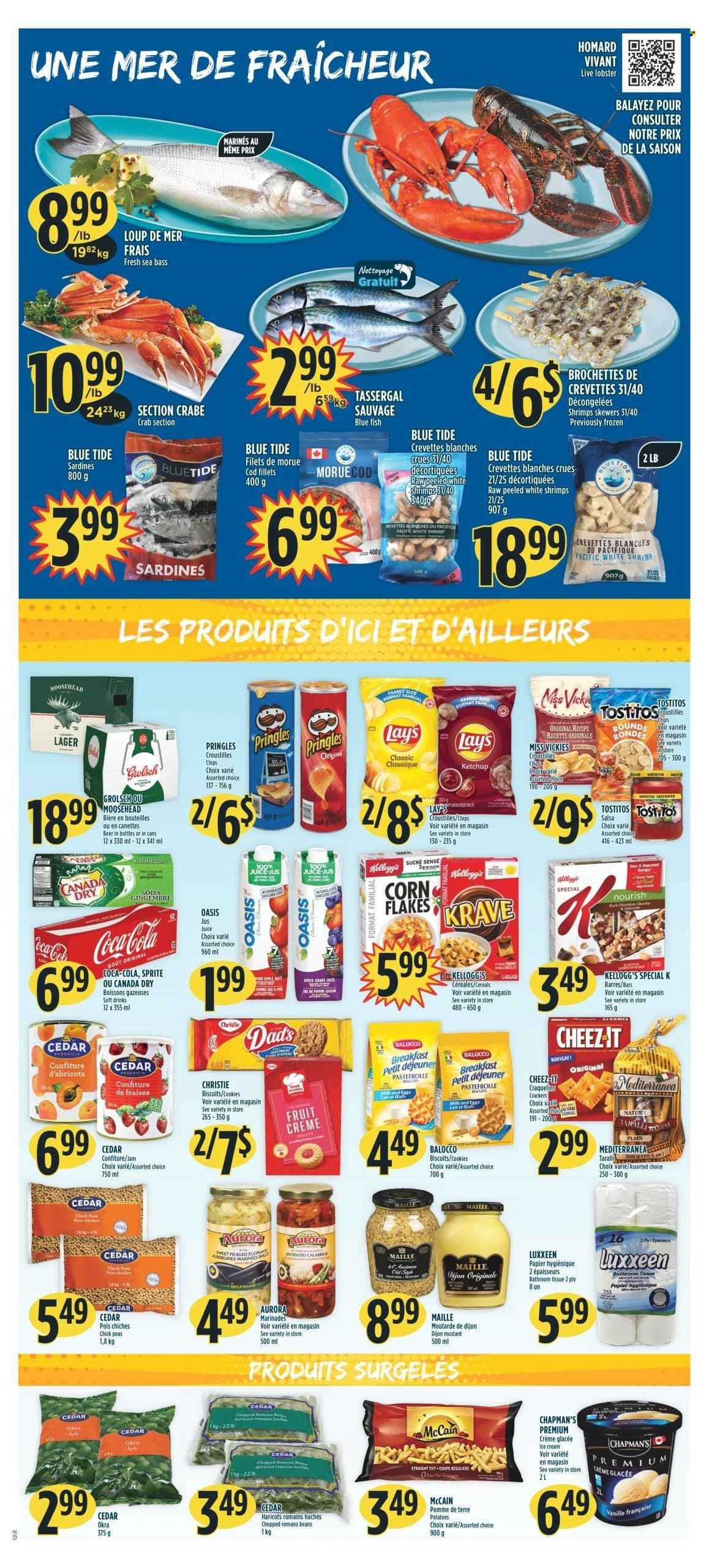 thumbnail - Adonis Flyer - June 08, 2023 - June 14, 2023 - Sales products - beans, potatoes, okra, cod, lobster, sardines, sea bass, crab, fish, shrimps, milk, ice cream, McCain, cookies, crackers, Kellogg's, biscuit, Pringles, Lay’s, Cheez-It, Tostitos, salty snack, cereals, corn flakes, chickpeas, mustard, salsa, Canada Dry, Coca-Cola, Sprite, juice, soft drink, soda, alcohol, beer, Grolsch, Lager, bath tissue, Tide, ketchup. Page 5.