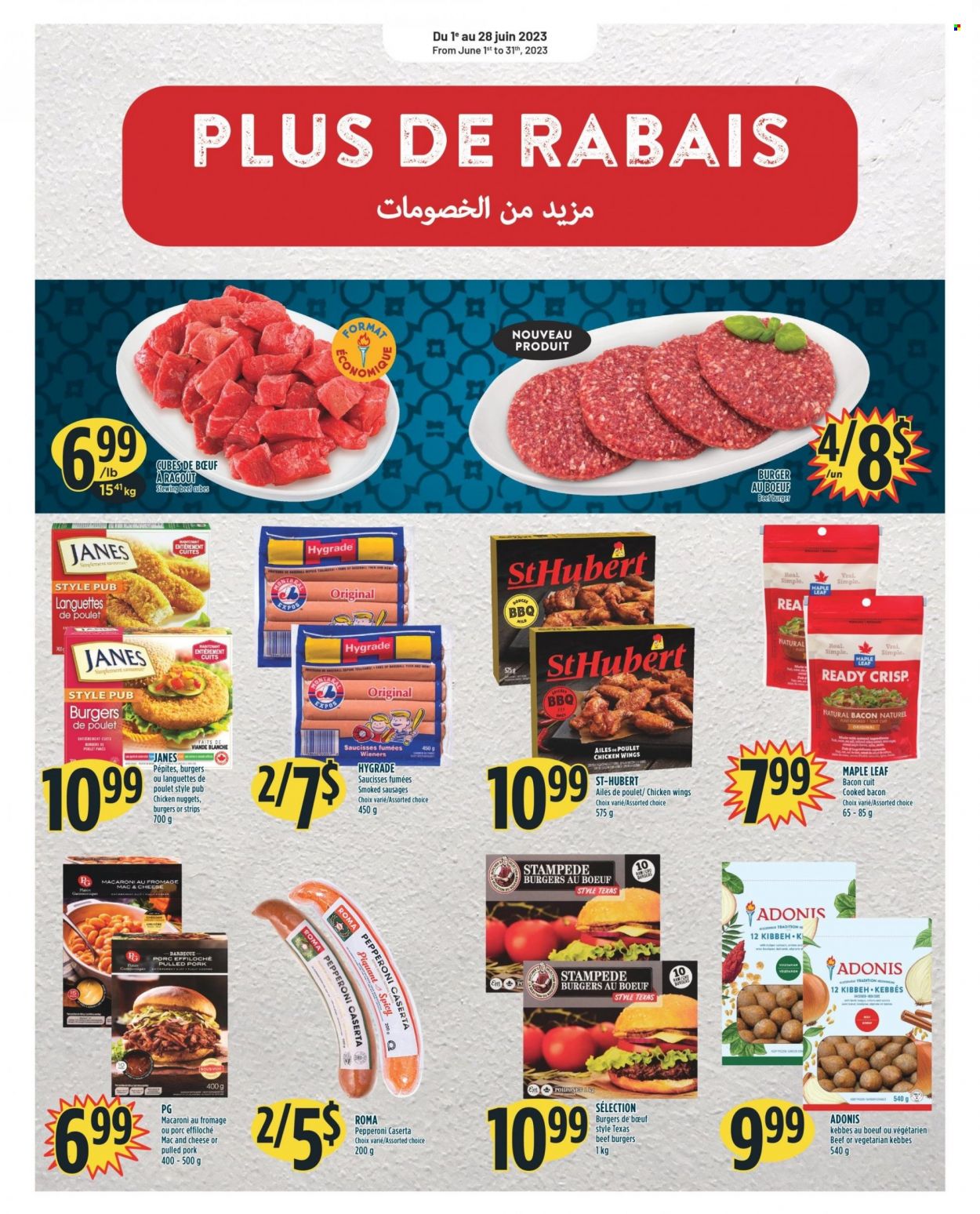 thumbnail - Adonis Flyer - June 08, 2023 - June 14, 2023 - Sales products - macaroni, nuggets, hamburger, chicken nuggets, beef burger, pulled pork, bacon, sausage, pepperoni, chicken wings, strips, beef meat, stewing beef. Page 6.
