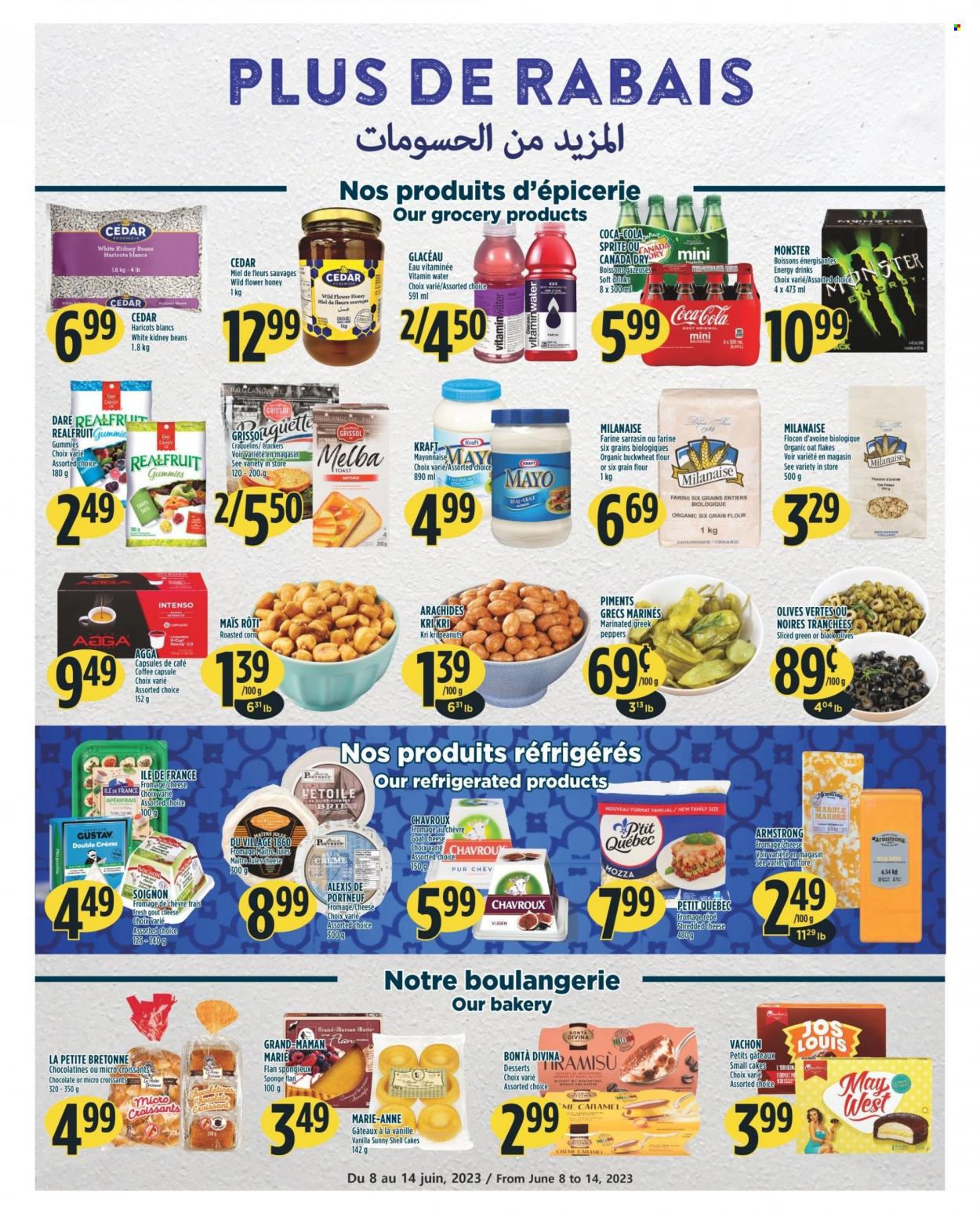 thumbnail - Adonis Flyer - June 08, 2023 - June 14, 2023 - Sales products - cake, croissant, dessert, peppers, sauce, Kraft®, goat cheese, mascarpone, shredded cheese, cheese, mayonnaise, chocolate, crackers, Candy, roasted corn, flour, kidney beans, olives, buckwheat, caramel, honey, Canada Dry, Coca-Cola, Sprite, energy drink, Monster, soft drink, vitamin water, water, coffee, coffee capsules, Intenso, K-Cups, Keurig, electrolyte drink. Page 8.