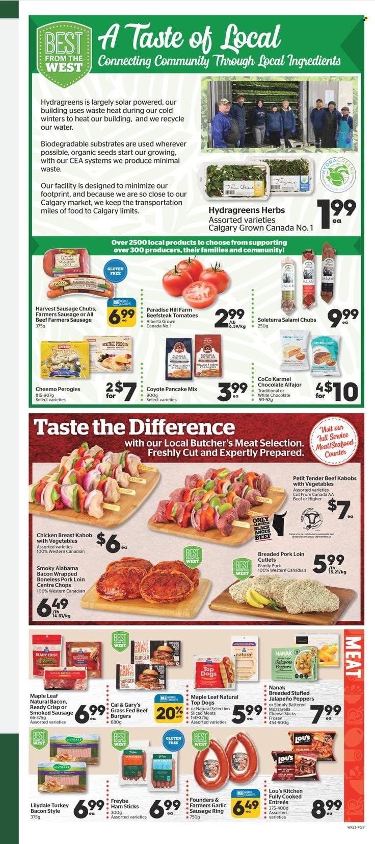 thumbnail - Calgary Co-op Flyer - June 08, 2023 - June 14, 2023 - Sales products - crepes, pancake mix, garlic, tomatoes, jalapeño, seafood, hamburger, beef burger, salami, turkey bacon, ham, sausage, smoked sausage, mozzarella, cheese, cheese sticks, water, chicken breasts, chicken, beef meat, pork loin, pork meat. Page 9.