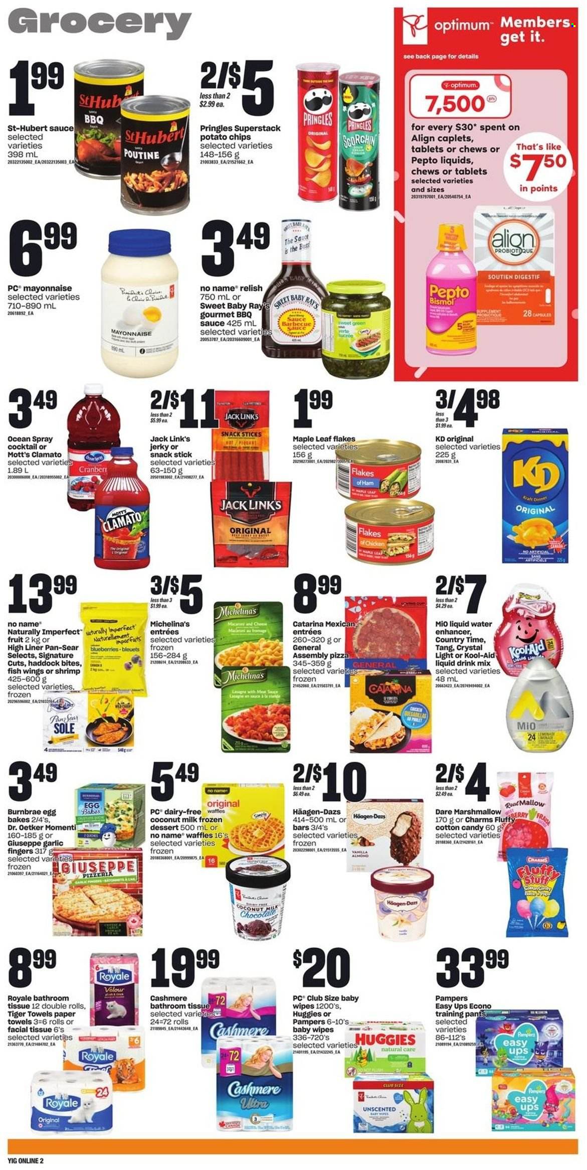 thumbnail - Independent Flyer - June 08, 2023 - June 14, 2023 - Sales products - chair, macaroons, waffles, dessert, garlic, blueberries, Mott's, haddock, fish, shrimps, No Name, pizza, sauce, Kraft®, ready meal, jerky, Dr. Oetker, eggs, mayonnaise, Häagen-Dazs, frozen dessert, marshmallows, milk chocolate, chocolate, cotton candy, chewing gum, potato chips, Pringles, salty snack, coconut milk, BBQ sauce, syrup, lemonade, Clamato, Country Time, powder drink, wipes, Pampers, pants, baby wipes, baby pants, bath tissue, kitchen towels, paper towels, pan, cup, Optimum, Huggies. Page 9.