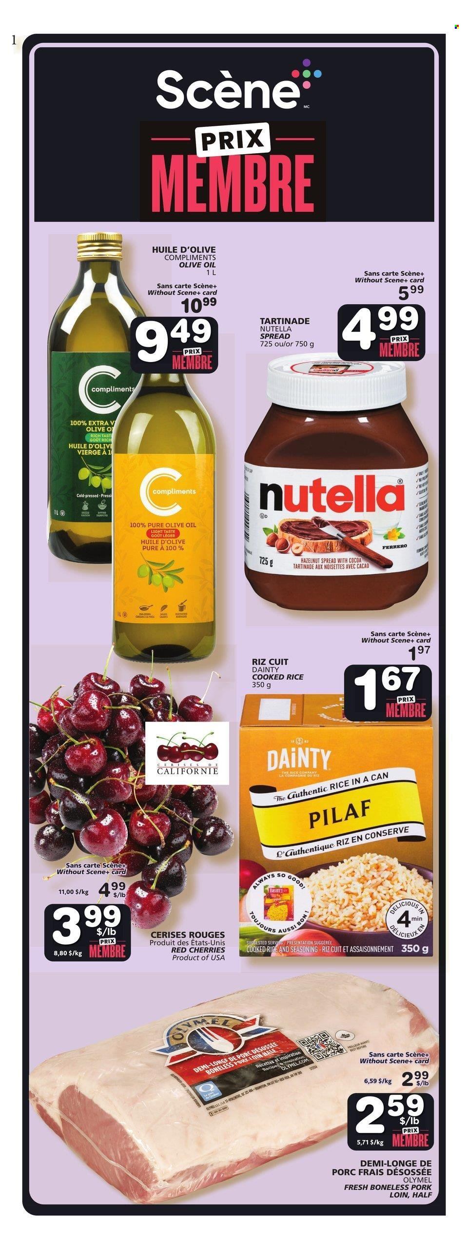thumbnail - IGA Flyer - June 08, 2023 - June 14, 2023 - Sales products - cherries, rice, spice, olive oil, oil, hazelnut spread, pork loin, pork meat, Nutella, Ferrero Rocher. Page 1.