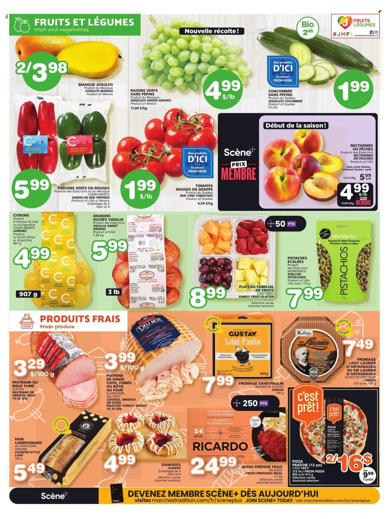 thumbnail - IGA Flyer - June 08, 2023 - June 14, 2023 - Sales products - brioche, onion, peppers, red peppers, grapes, mango, nectarines, lemons, peaches, pizza, meatloaf, pastrami, soft cheese, raisins, dried fruit, pistachios, beef meat. Page 4.