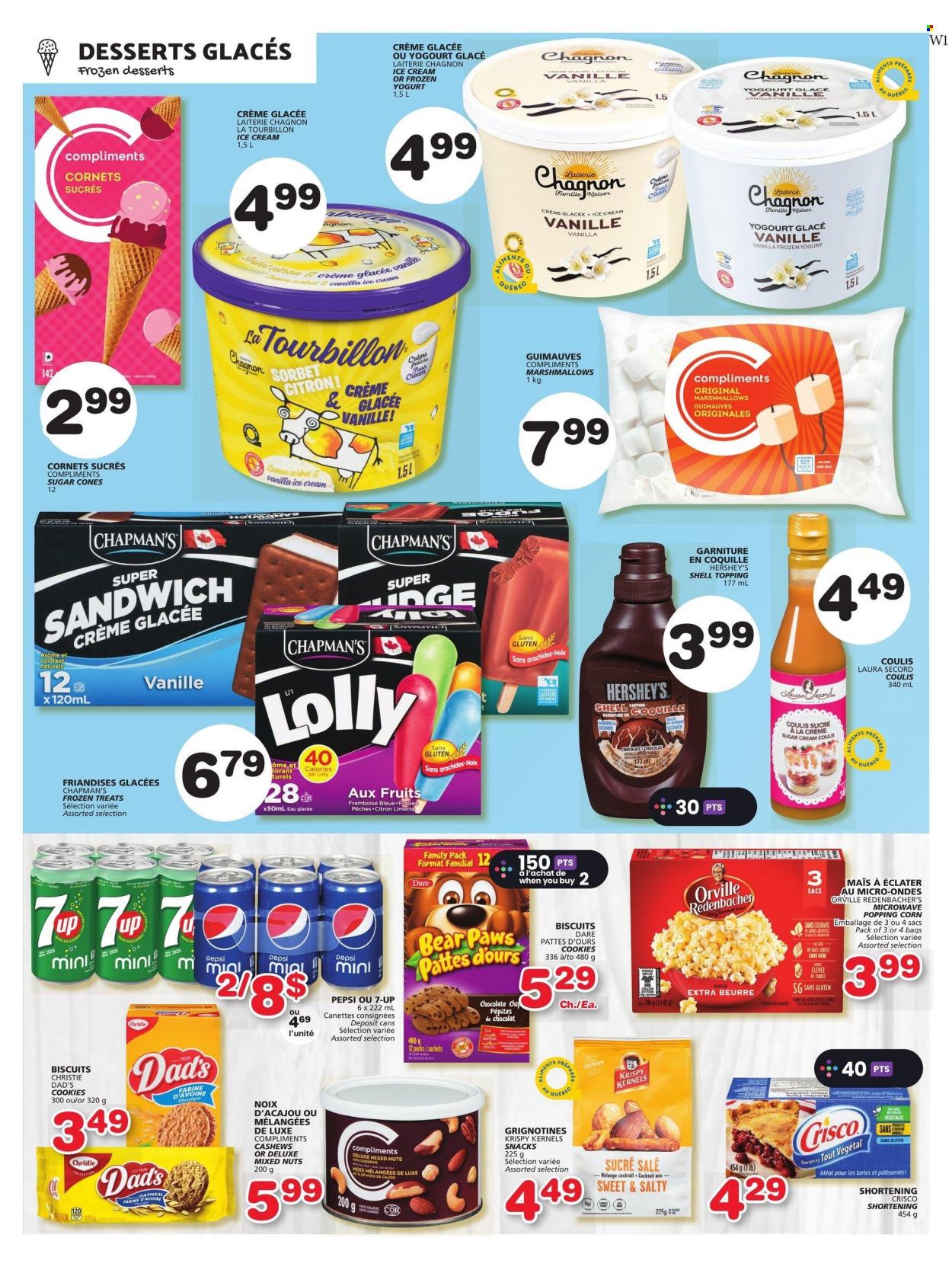 thumbnail - IGA Flyer - June 08, 2023 - June 14, 2023 - Sales products - dessert, corn, sandwich, snack, ice cream, Hershey's, frozen yoghurt, sorbet, cookies, marshmallows, chocolate chips, lollipop, biscuit, Crisco, shortening, oatmeal, topping, cashews, mixed nuts, Pepsi, soft drink, 7UP. Page 9.