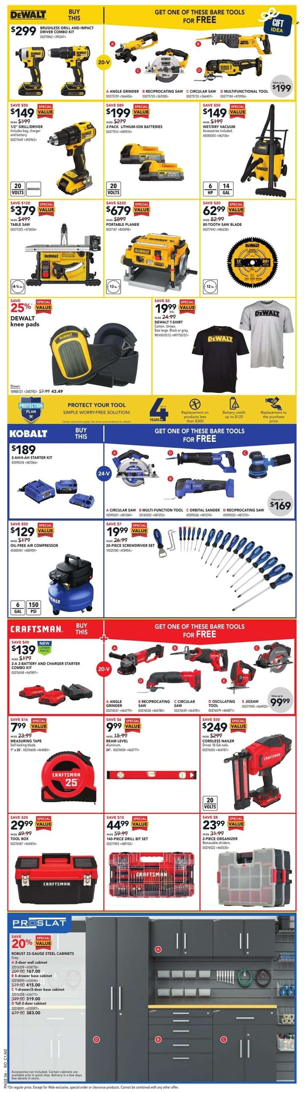 thumbnail - RONA Flyer - June 08, 2023 - June 14, 2023 - Sales products - compressor, vacuum cleaner, grinder, cabinet, wall cabinet, table, drawer base, DeWALT, screwdriver, impact driver, drill bit set, circular saw, saw, angle grinder, jig saw, planer, reciprocating saw, table saw, tool box, combo kit, screwdriver set, measuring tape, knee pads, nailer. Page 7.