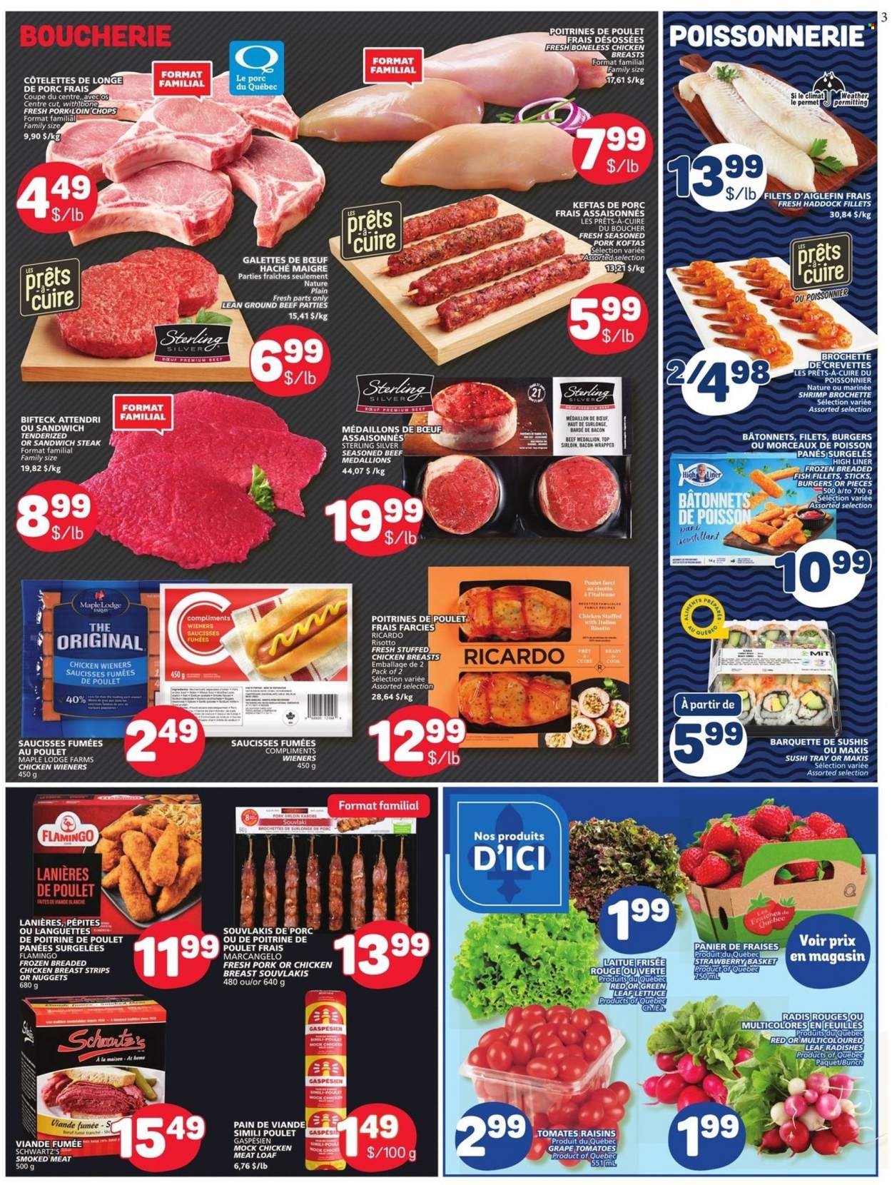 thumbnail - Marché Bonichoix Flyer - June 08, 2023 - June 14, 2023 - Sales products - radishes, tomatoes, lettuce, fish fillets, haddock, fish, shrimps, sushi, risotto, sandwich, nuggets, hamburger, fried chicken, breaded fish, stuffed chicken, breaded chicken, chicken frankfurters, frankfurters, strips, raisins, dried fruit, chicken breasts, beef meat, ground beef, steak. Page 3.