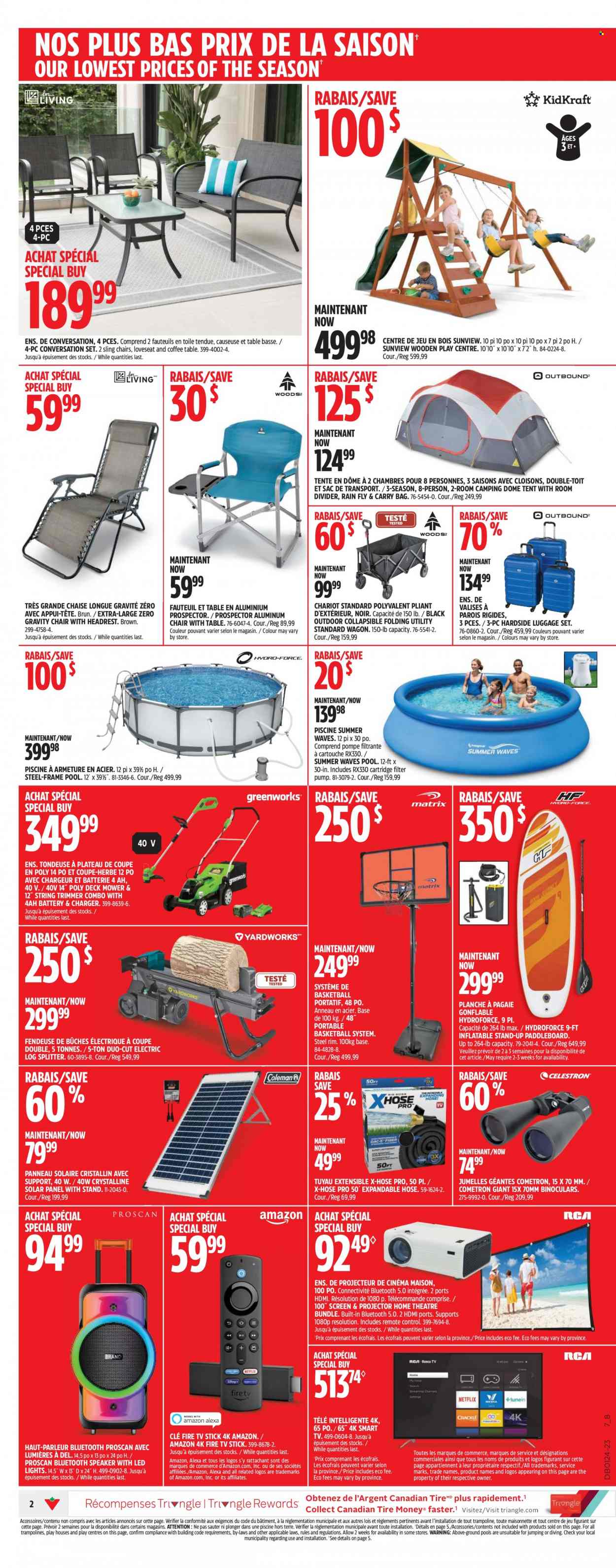 thumbnail - Canadian Tire Flyer - June 08, 2023 - June 14, 2023 - Sales products - chair, battery, smart tv, speaker, bluetooth speaker, remote control, Fire TV Stick, TV stick, trimmer, table, loveseat, chaise longue, coffee table, luggage, luggage set, carry bag, portable basketball system, basketball, paddleboard, trampoline, binoculars, tent, wagon, LED light, solar panel, string trimmer, log splitter. Page 3.