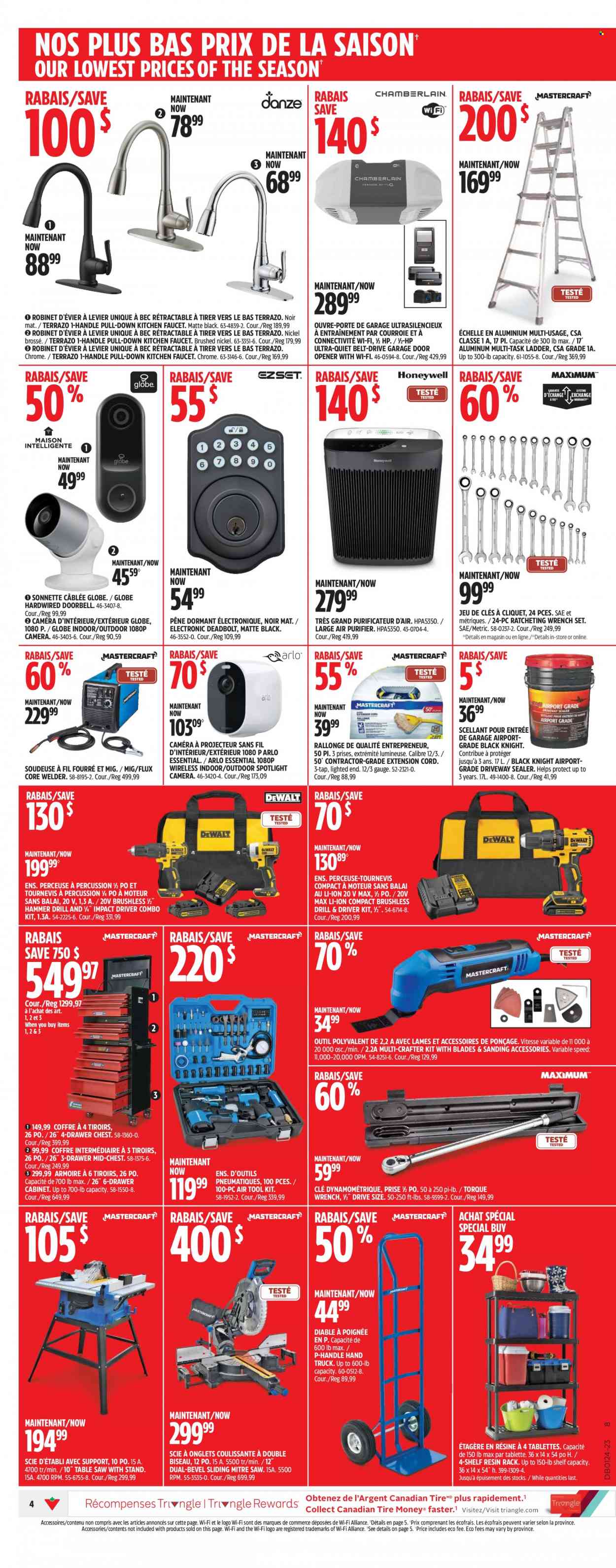 thumbnail - Canadian Tire Flyer - June 08, 2023 - June 14, 2023 - Sales products - hand truck, spotlight, percussion instrument, doorbell, Hewlett Packard, air purifier, cabinet, table, drawer cabinet, shelves, ladder, faucet, door opener, electronic deadbolt, garage door opener, impact driver, wrench, hammer drill, saw, table saw, combo kit, tool set, wrench set, torque wrench, belt, extension cord, welder, camera. Page 5.