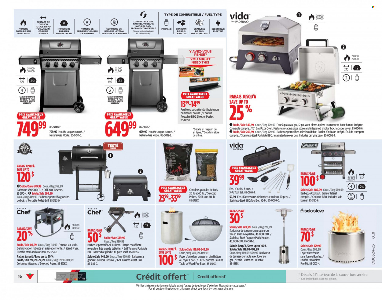thumbnail - Canadian Tire Flyer - June 08, 2023 - June 14, 2023 - Sales products - pizza stone, pizza oven, oven, iron, table, shelves, heater, fireplace, grill, smoker, pellet grill, fire bowl, portable barbecue, grill accessories. Page 16.