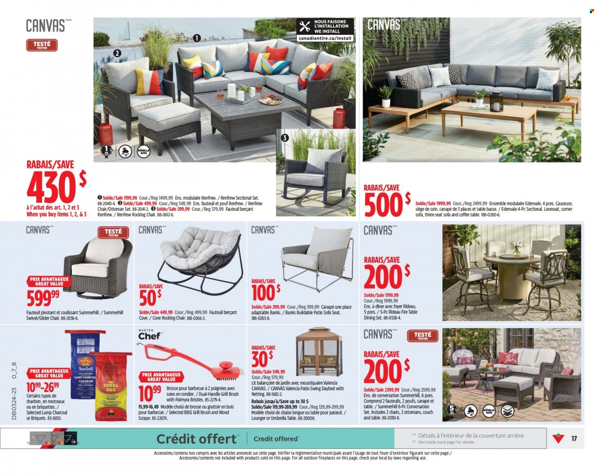 thumbnail - Canadian Tire Flyer - June 08, 2023 - June 14, 2023 - Sales products - chair, dining set, table, corner sofa, loveseat, rocking chair, sofa, couch, chaise longue, coffee table, ottoman, daybed, lounger, patio swing, fireplace, umbrella, sun shade, grill, briquettes. Page 17.