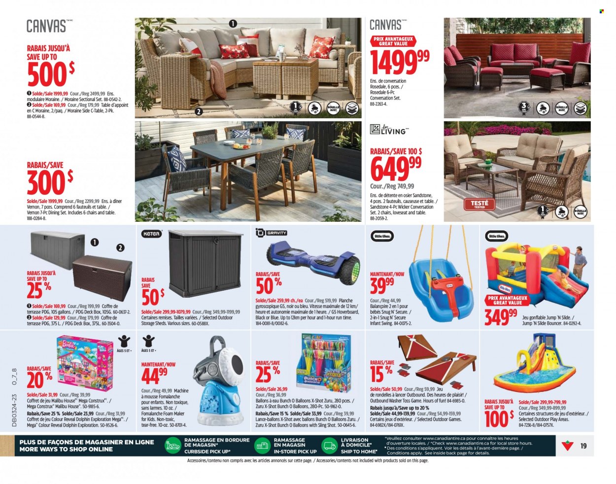 thumbnail - Canadian Tire Flyer - June 08, 2023 - June 14, 2023 - Sales products - chair, balloons, washing machine, dining set, table, loveseat, c-table, hoverboard, Toss game, Zuru. Page 19.