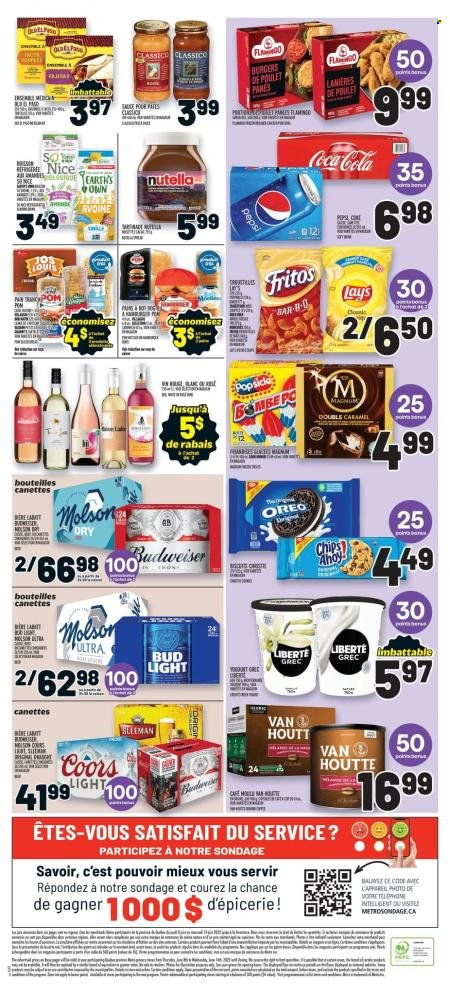 thumbnail - Metro Flyer - June 08, 2023 - June 14, 2023 - Sales products - hamburger, sauce, fajita, Oreo, Magnum, Fritos, Lay’s, salty snack, Classico, Coca-Cola, Pepsi, soft drink, L'Or, So Nice, beer, Bud Light, Budweiser, Nutella, Coors. Page 4.
