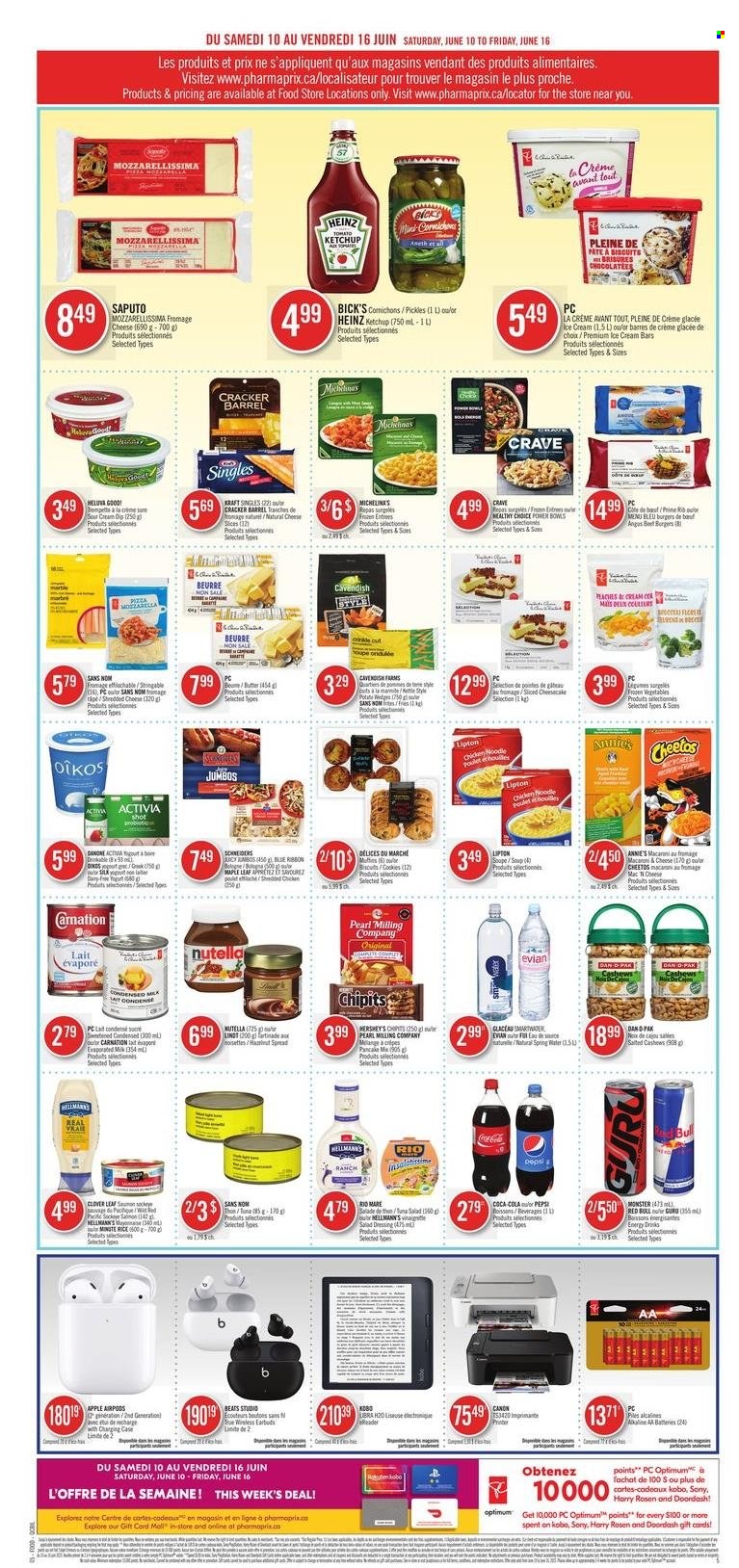 thumbnail - Pharmaprix Flyer - June 10, 2023 - June 16, 2023 - Sales products - Sony, Apple, macaroons, pancake mix, peaches, salmon, tuna, macaroni & cheese, pizza, soup, hamburger, Healthy Choice, Annie's, Kraft®, ready meal, bologna sausage, sandwich slices, shredded cheese, cheese, Kraft Singles, Clover, Activia, Oikos, condensed milk, Silk, sour cream, Hellmann’s, ice cream, ice cream bars, Hershey's, frozen vegetables, potato fries, potato wedges, cookies, Mars, crackers, Cheetos, salty snack, pickles, pickled gherkins, cornichons, rice, salad dressing, vinaigrette dressing, dressing, cashews, Coca-Cola, Pepsi, energy drink, Monster, soft drink, Red Bull, spring water, Smartwater, Evian, water, Optimum, Beats, Airpods, earbuds, printer, Canon, Heinz, ketchup, Nutella, Danone, Lipton. Page 4.