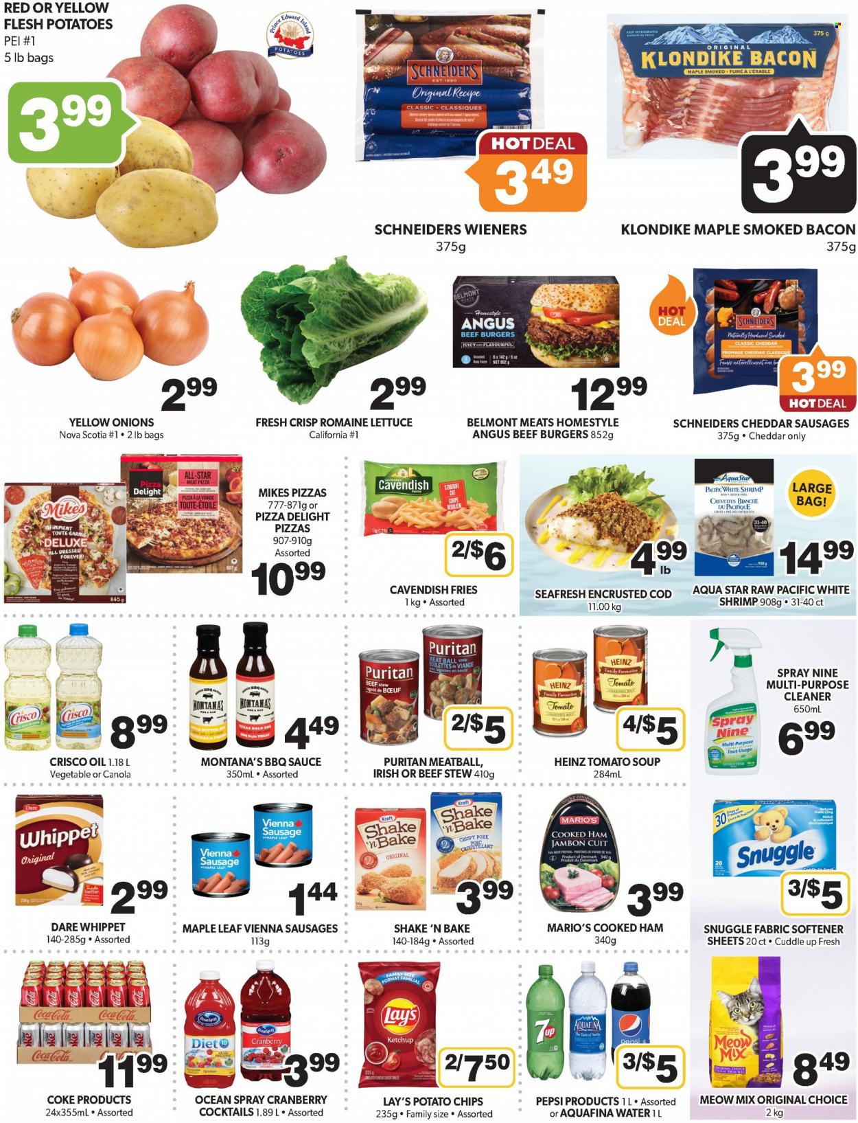 thumbnail - Colemans Flyer - June 08, 2023 - June 14, 2023 - Sales products - onion, cod, shrimps, tomato soup, pizza, condensed soup, soup, hamburger, sauce, beef burger, Kraft®, cooked ham, sausage, vienna sausage, cheese, butter, crispy pork, potato fries, potato chips, Lay’s, Crisco, sugar, spice, BBQ sauce, oil, Coca-Cola, Pepsi, soft drink, Coke, Aquafina, water, Purity, beef meat, cleaner, Snuggle, fabric softener, Heinz, ketchup. Page 2.
