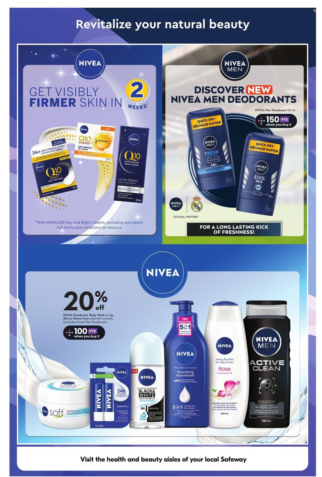 thumbnail - Safeway Flyer - March 21, 2024 - May 01, 2024 - Sales products - Blossom, Nivea, body wash, shower gel, Nivea Men, day cream, serum, eye cream, body milk, fragrance, deodorant. Page 4.