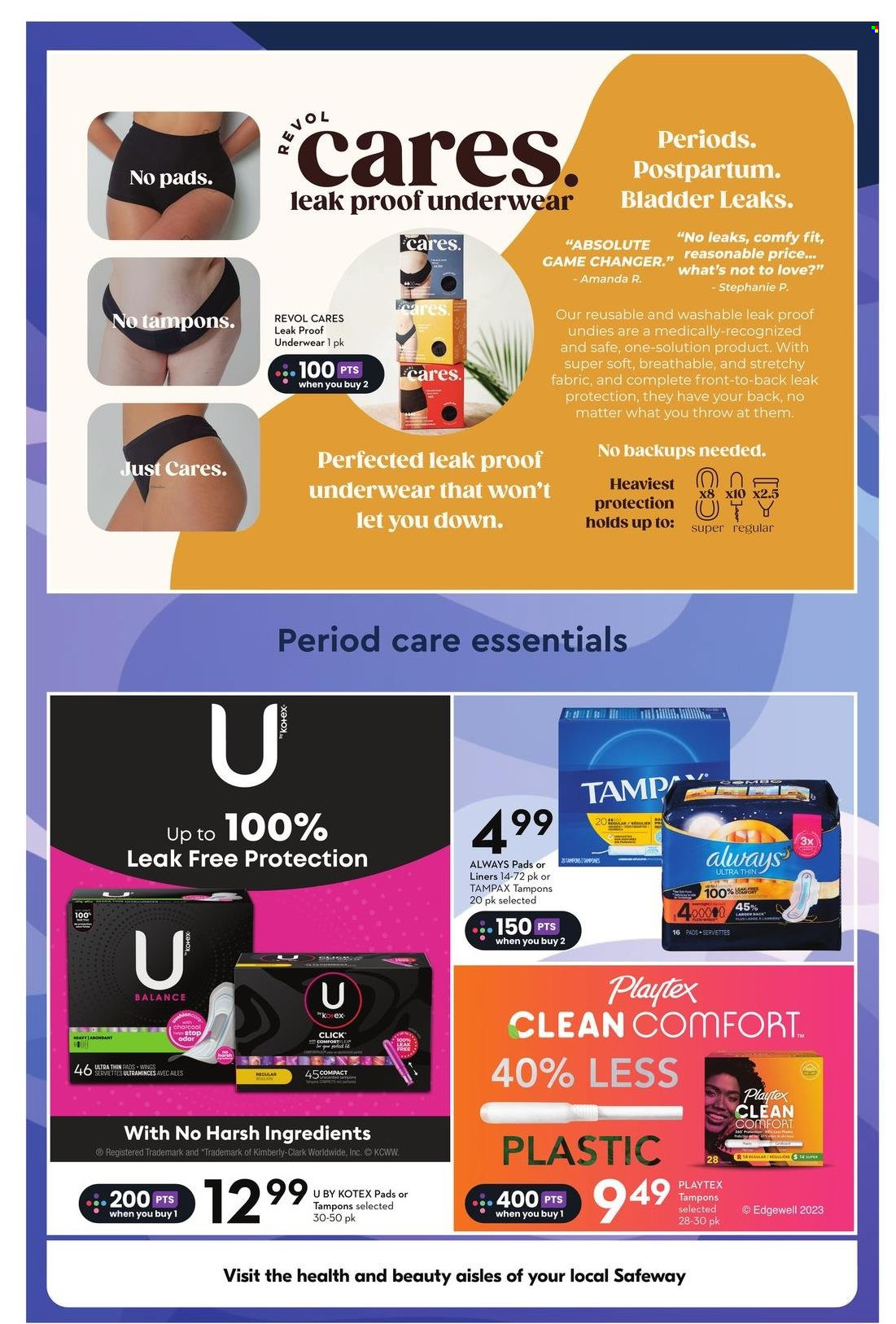 thumbnail - Safeway Flyer - March 21, 2024 - May 01, 2024 - Sales products - pads, Playtex, Always pads, sanitary pads, Kotex, Kotex pads, tampons, Absolute, Tampax. Page 5.