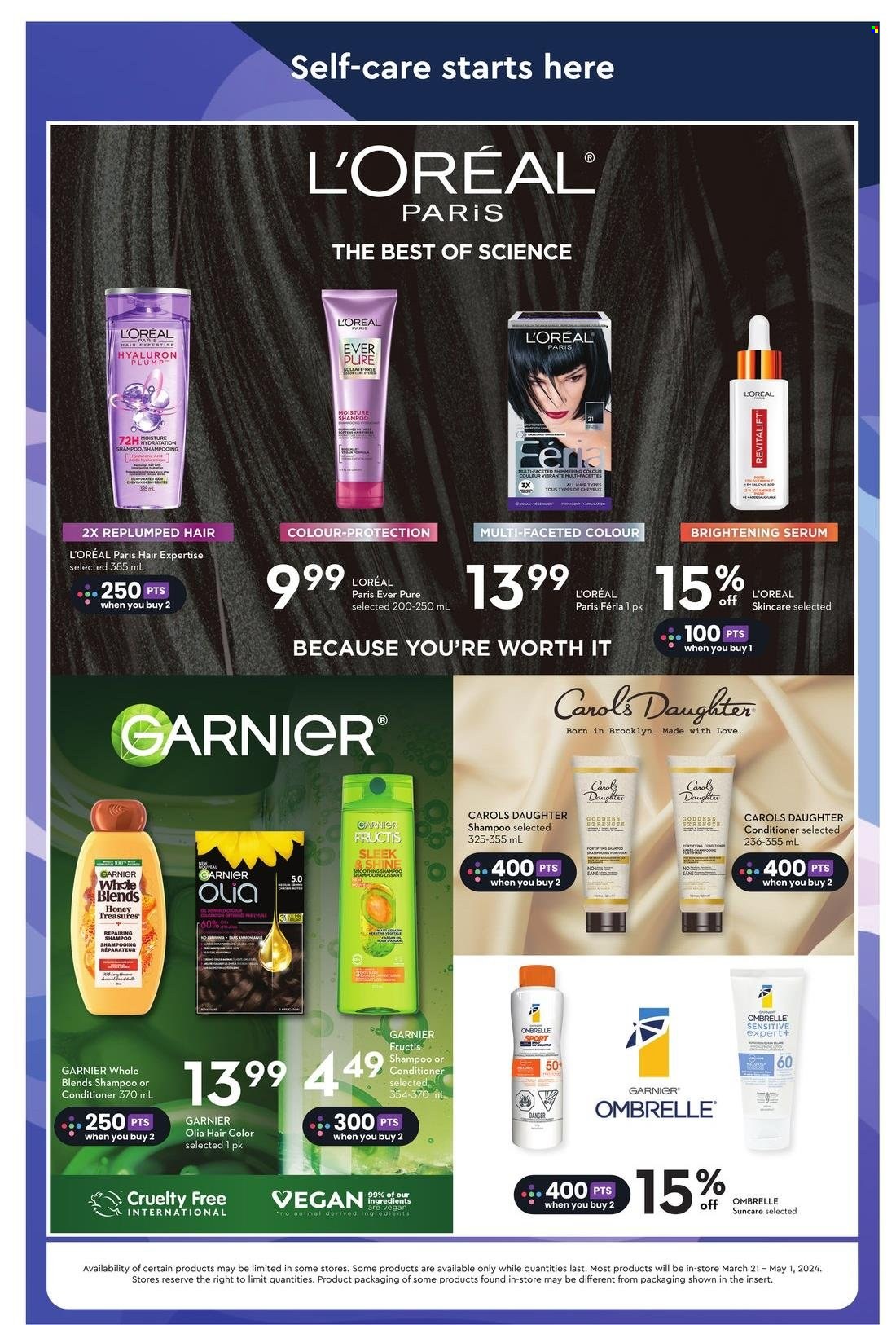 thumbnail - Safeway Flyer - March 21, 2024 - May 01, 2024 - Sales products - honey, beer, shampoo, hair products, brightening serum, L’Oréal, serum, conditioner, hair color, Fructis, Garnier. Page 9.