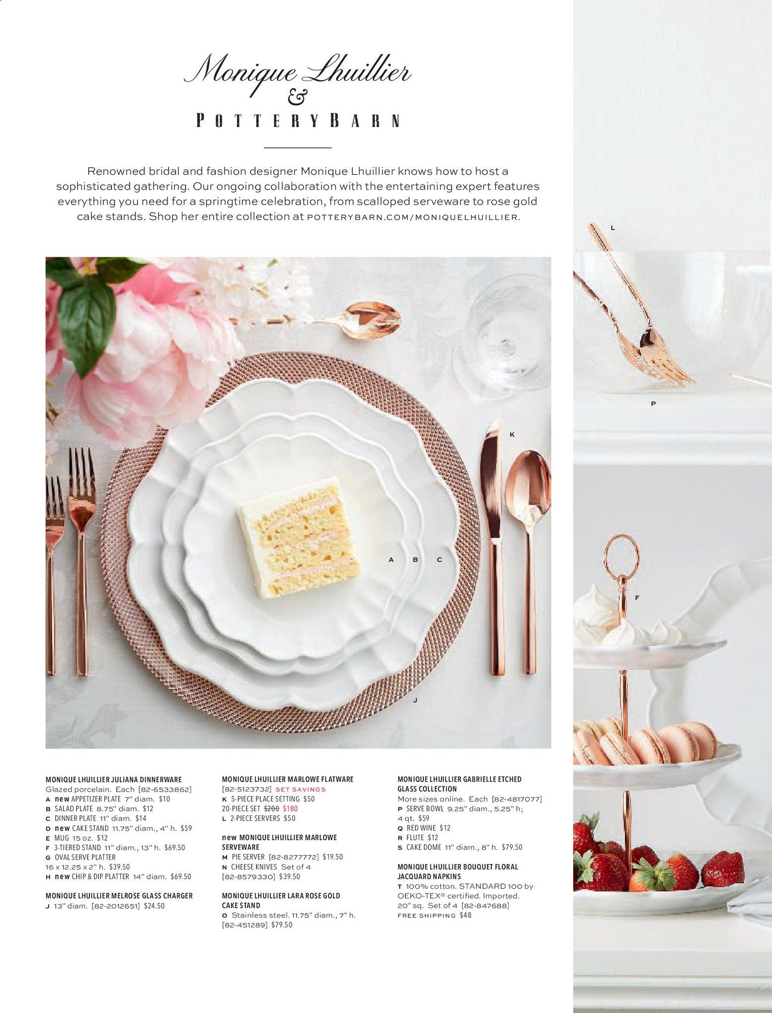 thumbnail - Pottery Barn Flyer - Sales products - cake stand, dinnerware set, flatware, knife, mug, plate, appetizer plate, dinner plate, bowl, serveware, napkins. Page 134.