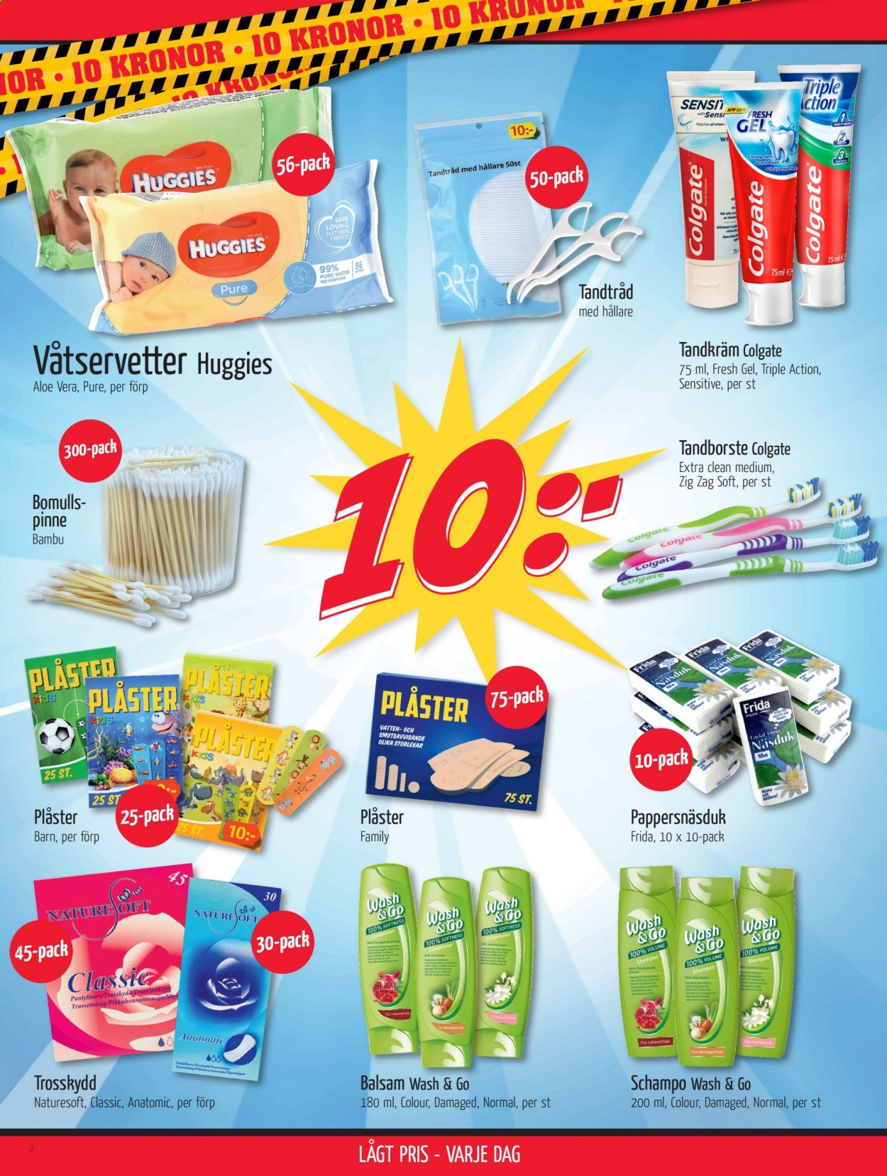 thumbnail - DollarStore reklamblad - varor från reklamblad - New Look, Huggies, pappersnäsdukar, våtservetter, shampoo, schampo, Colgate, tandborste, tandkräm, tandtråd, trosskydd, balsam, shea butter, hårbalsam, plåster. Sida 2.