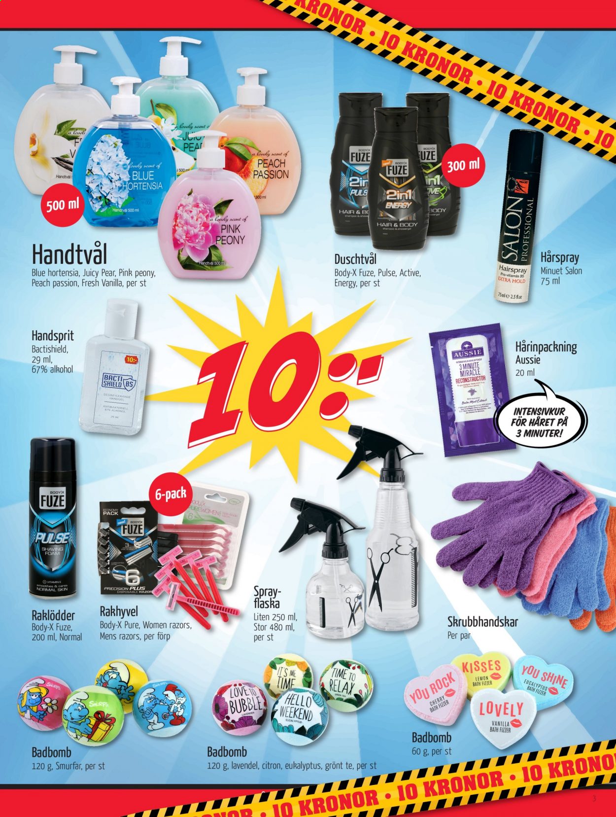 thumbnail - DollarStore reklamblad - varor från reklamblad - citroner, handtvål, shampoo, Aussie, hårspray, rakhyvel, raklödder. Sida 3.