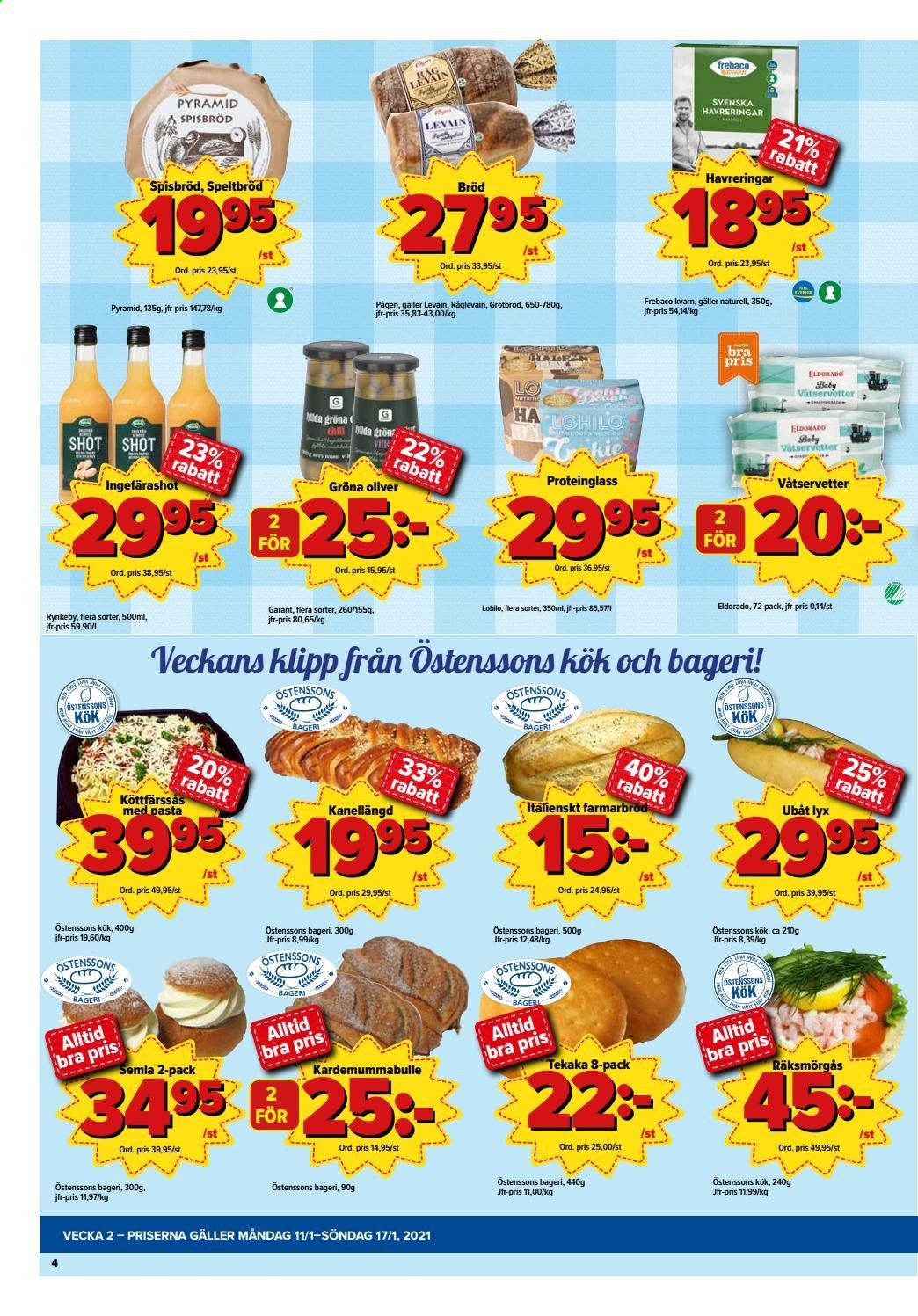 thumbnail - Östenssons reklamblad - 11/1 2021 - 17/1 2021 - varor från reklamblad - bröd, oliver, pasta, våtservetter. Sida 4.