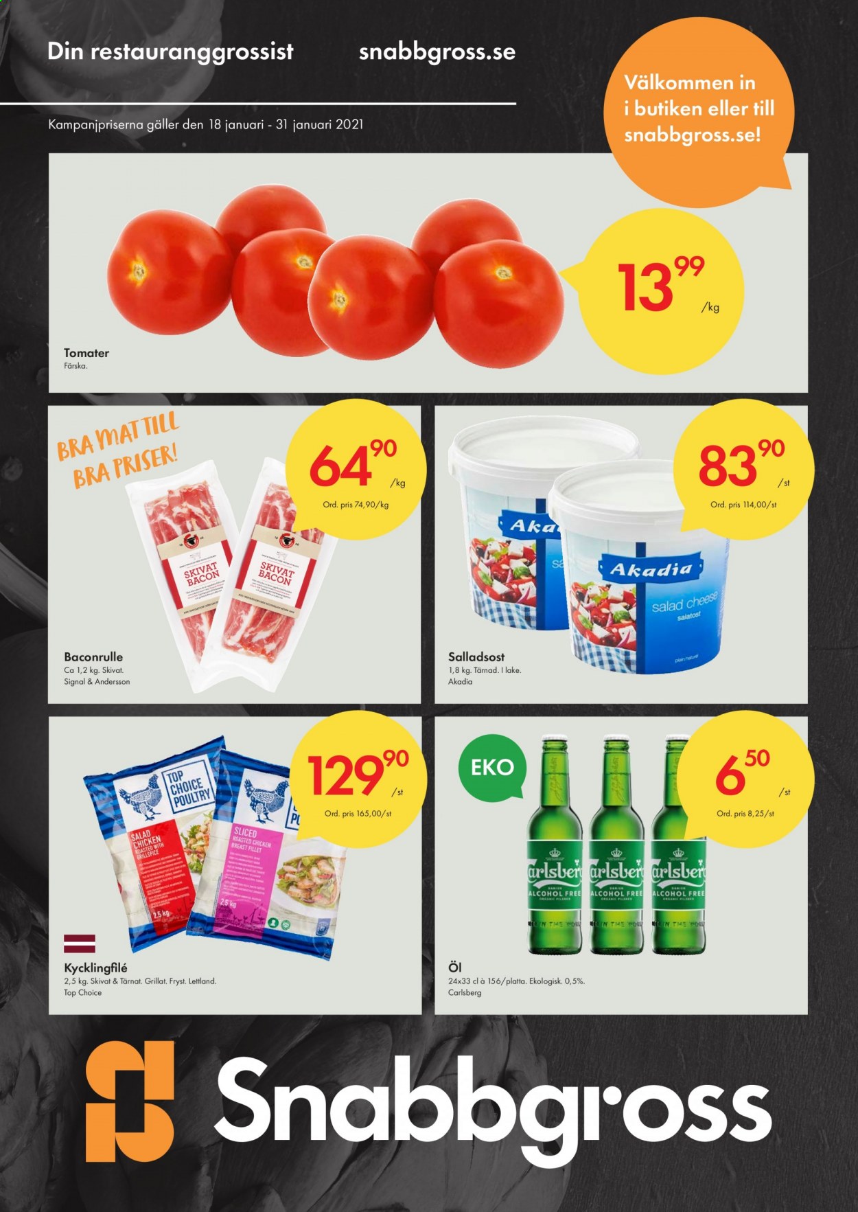 thumbnail - Axfood Snabbgross reklamblad - 18/1 2021 - 31/1 2021 - varor från reklamblad - Carlsberg, öl, tomater, bacon, Akadia, salladsost. Sida 1.