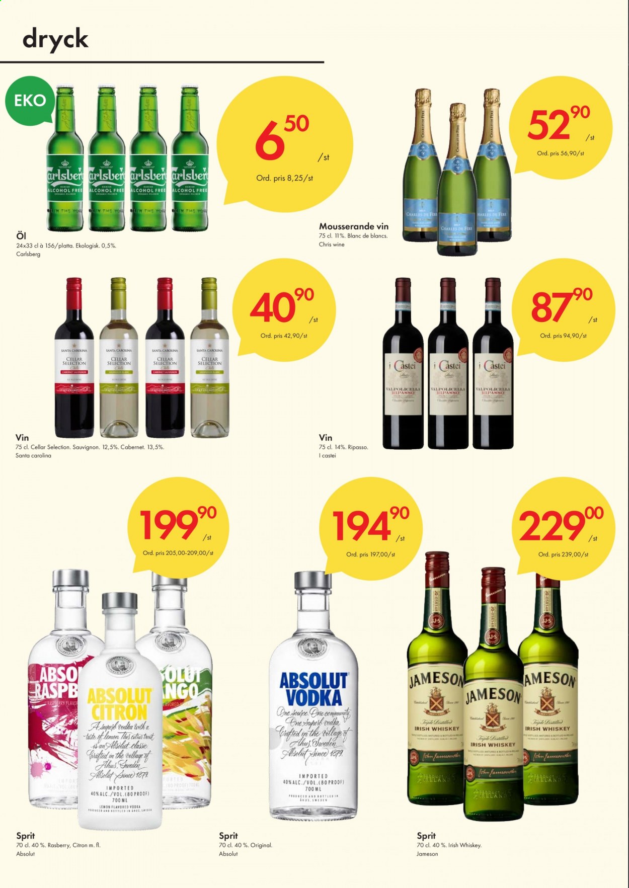 thumbnail - Axfood Snabbgross reklamblad - 18/1 2021 - 31/1 2021 - varor från reklamblad - Carlsberg, öl, citroner, Valpolicella, vin, whisky, Vodka, Absolut, Irish Whiskey, Jameson. Sida 10.