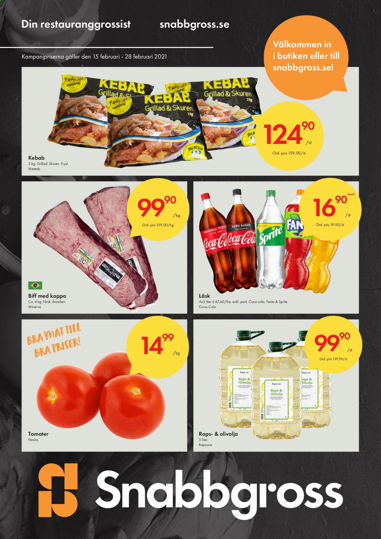 thumbnail - Axfood Snabbgross reklamblad - 15/2 2021 - 28/2 2021 - varor från reklamblad - tomater, kebab, olivolja, Fanta, Sprite, Coca-Cola. Sida 1.