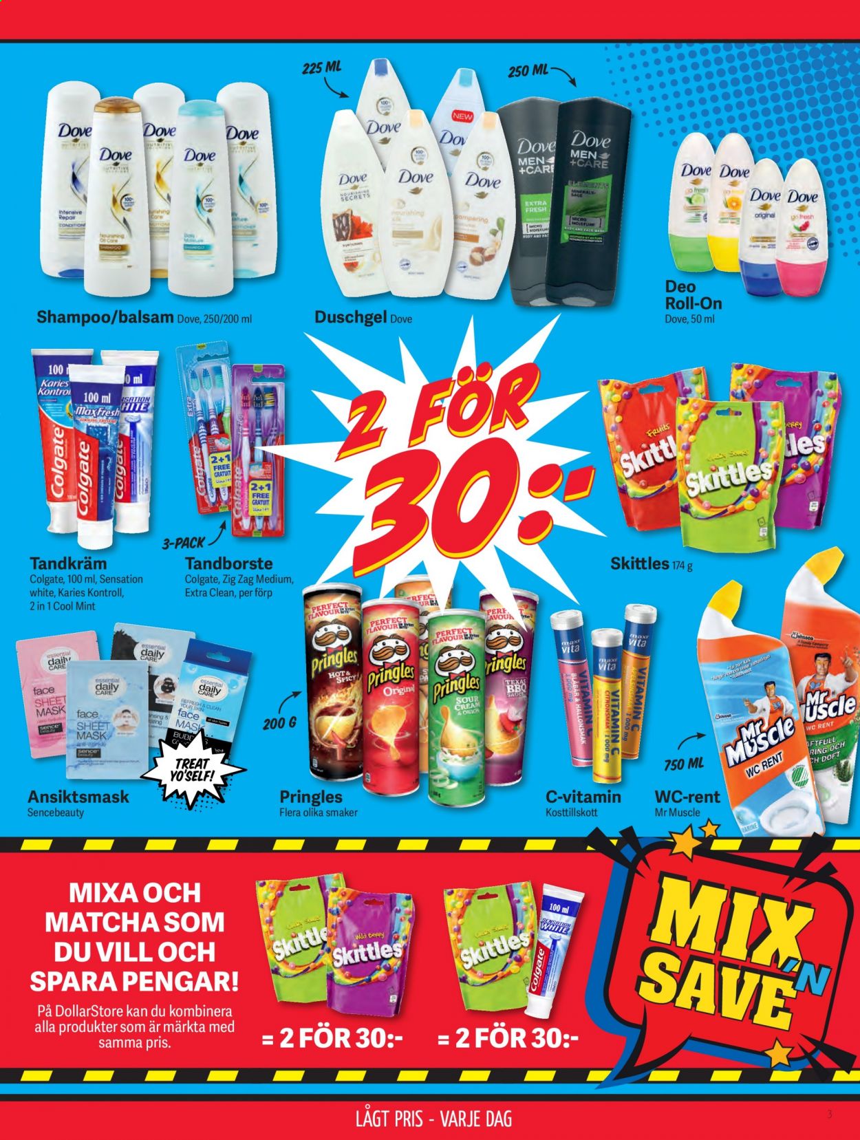 thumbnail - DollarStore reklamblad - varor från reklamblad - Pringles, Dove, shampoo, Colgate, tandborste, tandkräm, balsam, mask, roll-on. Sida 3.